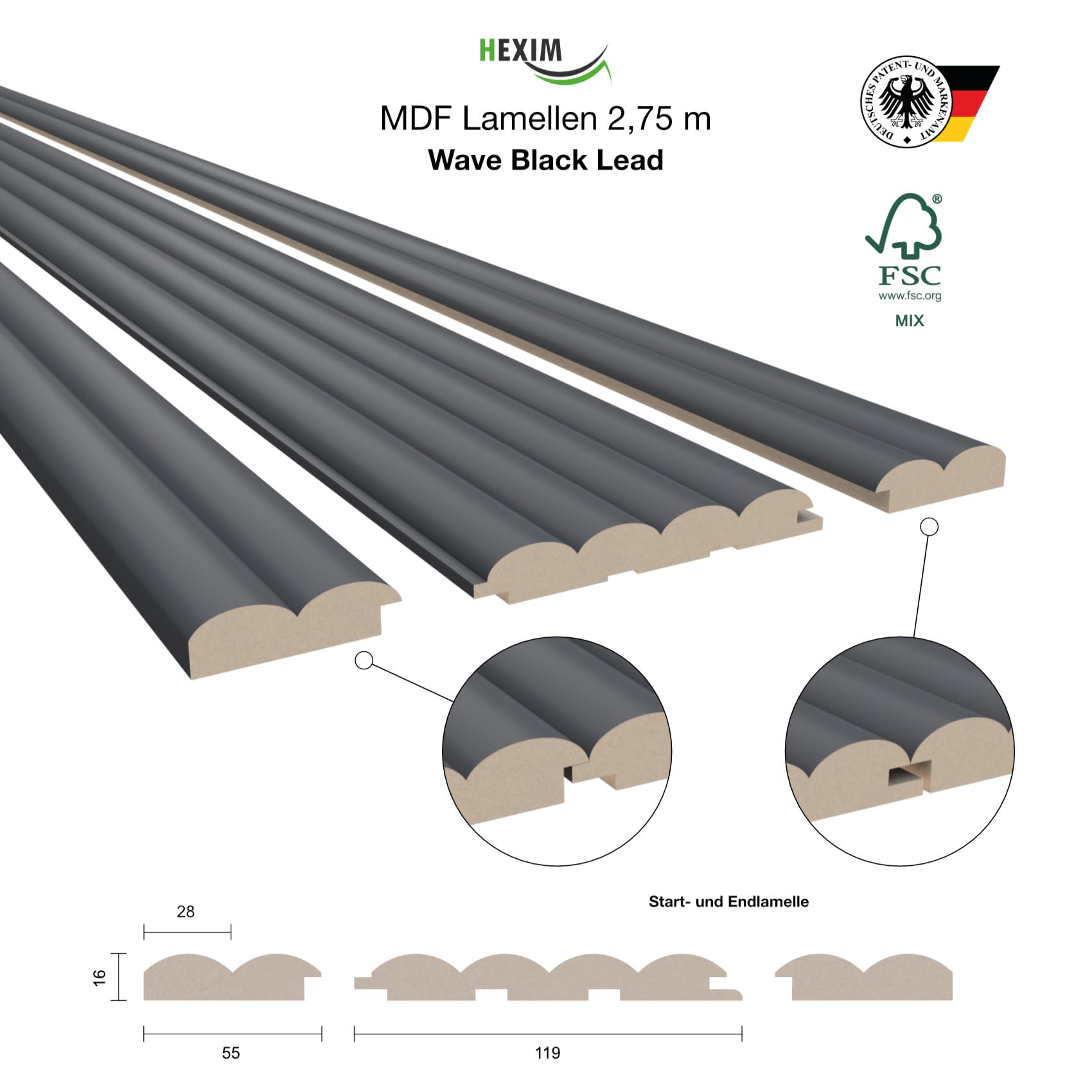 Hexim Wave Lamellenwand 101cm Black Lead MDF 2,75m Set