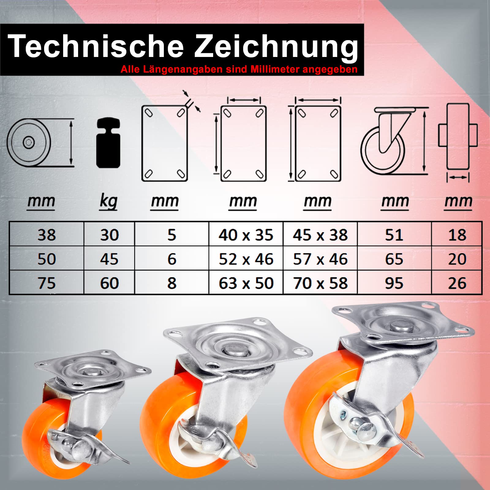 PRIOstahl Transportrollen 75 mm 4er Set orange mit Bremse