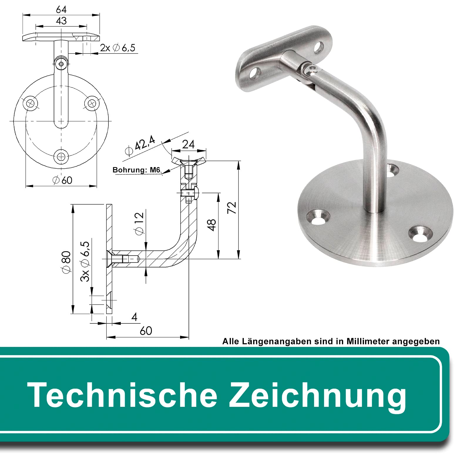 PRIOstahl Handlaufhalter Wandhalter Edelstahl V2A Ø42,4 mm