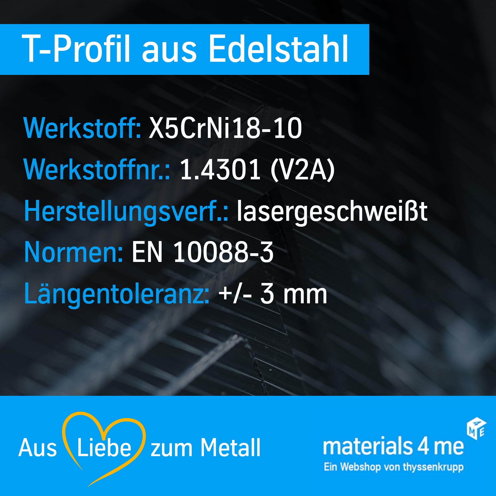 ThyssenKrupp Stainless Steel T-Profil 20x20x3mm 2000mm Edelstahl