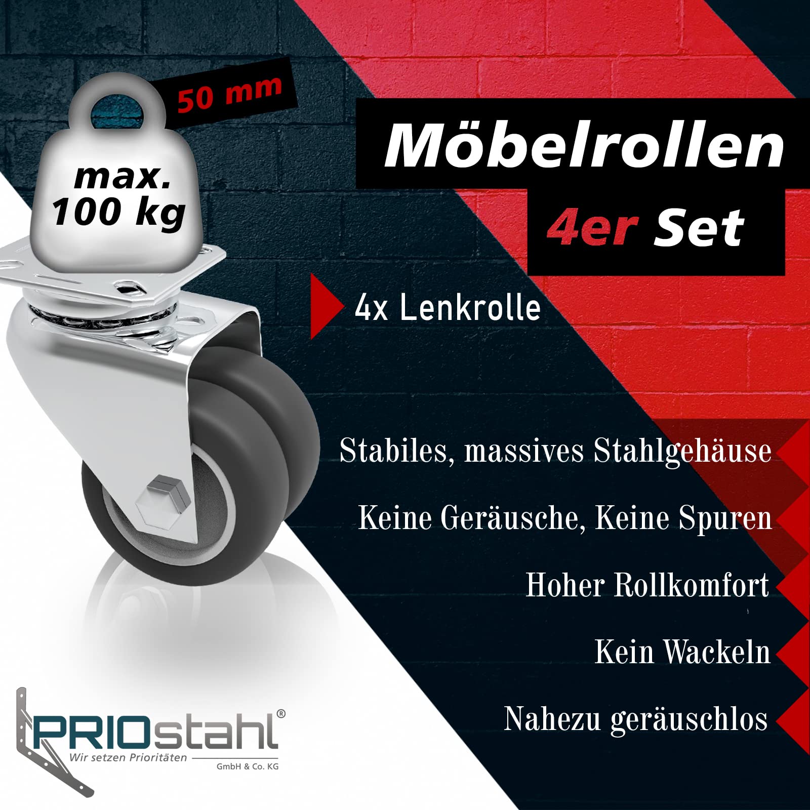 PRIOstahl Transportrollen 50mm Lenkrollen 4er Set 400kg