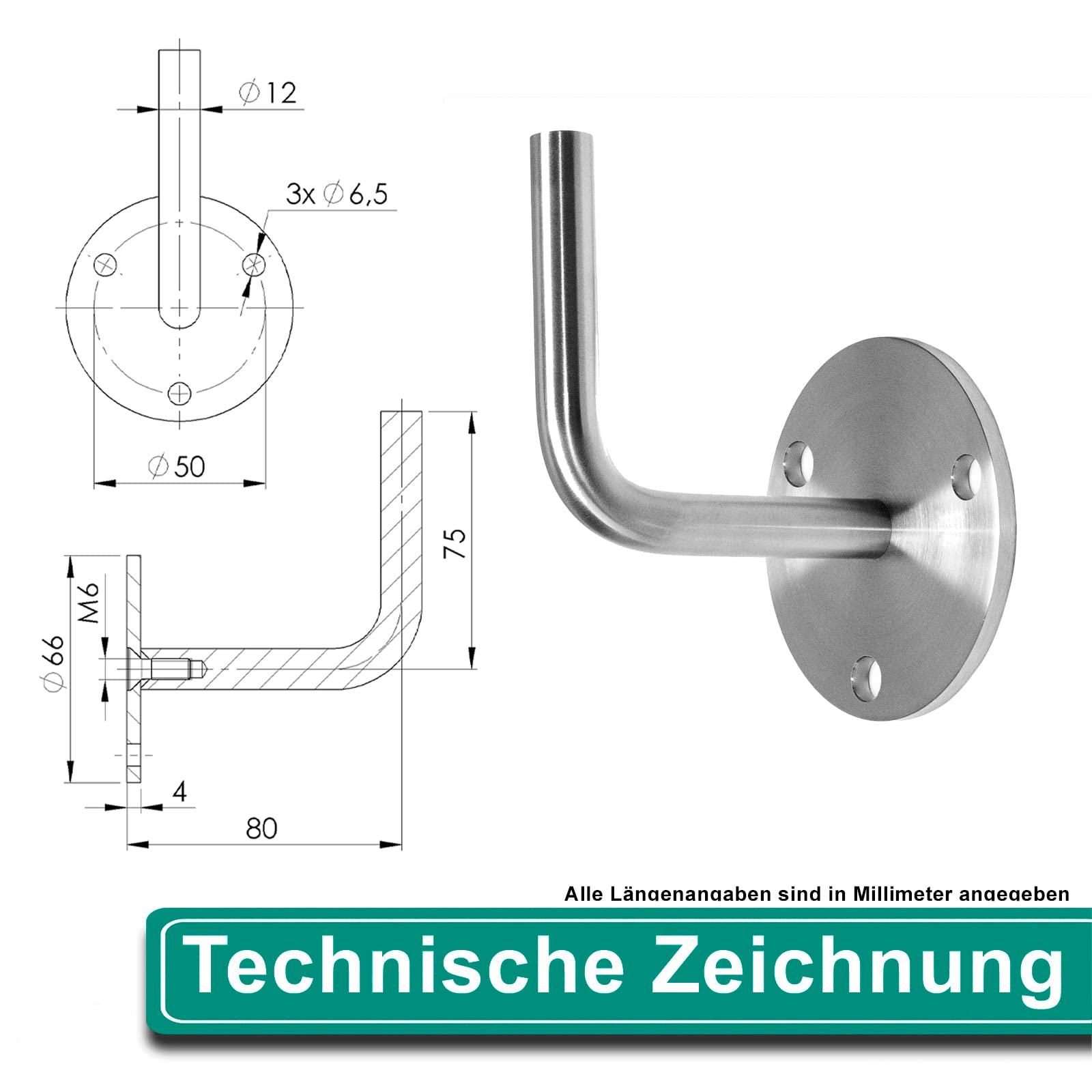PRIOstahl Geländerbau Handlaufhalter 3-Loch Wand Edelstahl V2A 1 St
