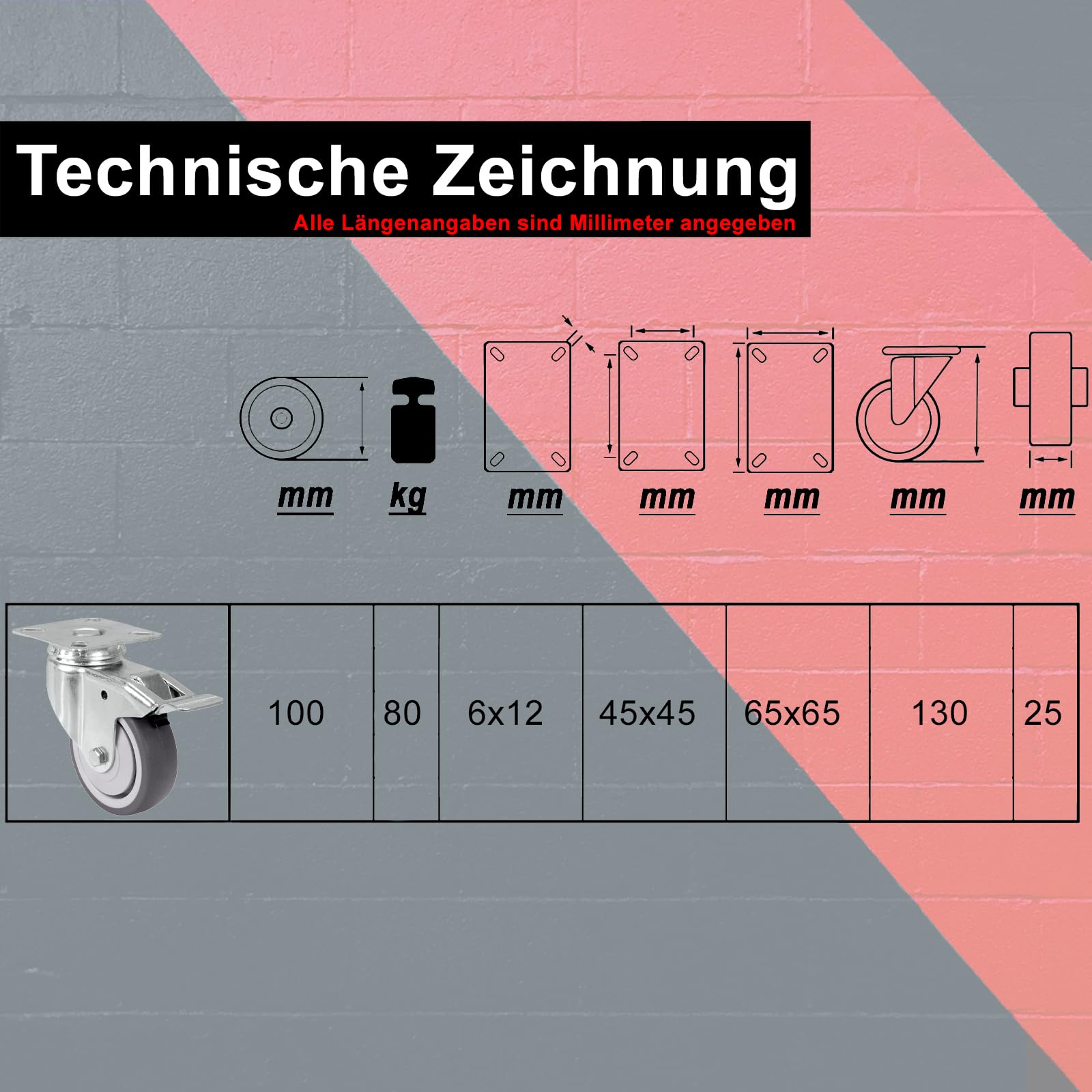 PRIOstahl Transportrollen 100mm Möbelrollen 4er Set Bremse