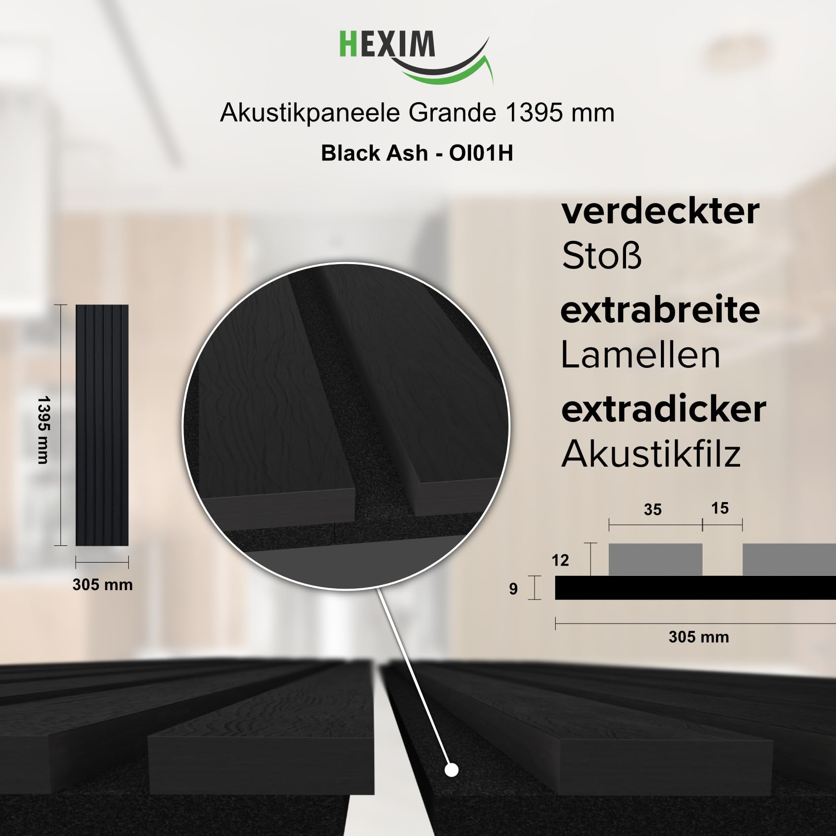 Hexim Akustikpaneele Grande 2er Set 140x30 cm Black Ash