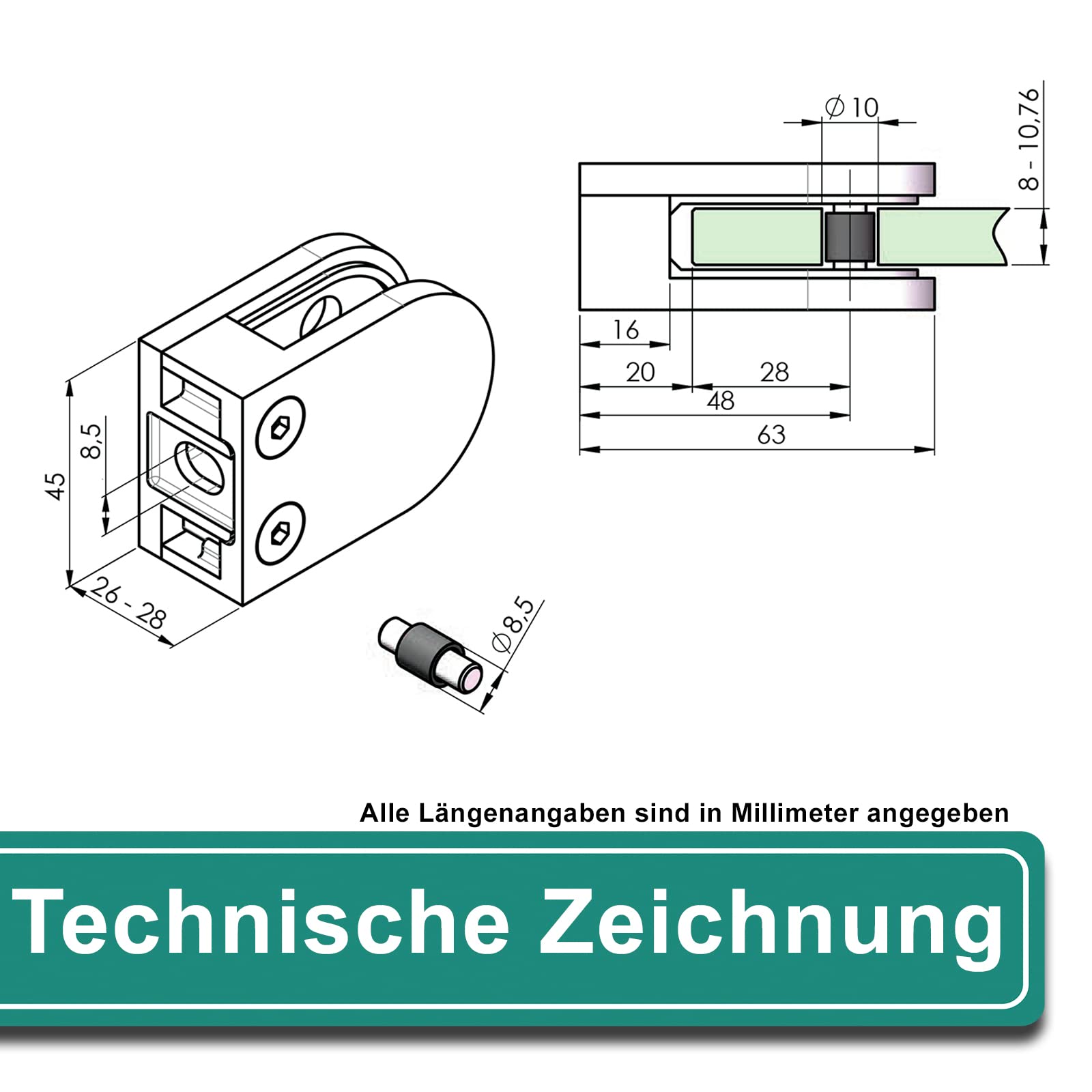 PRIOstahl Glashalter Flach Glas 3 mm Edelstahl V2A 4 Stück
