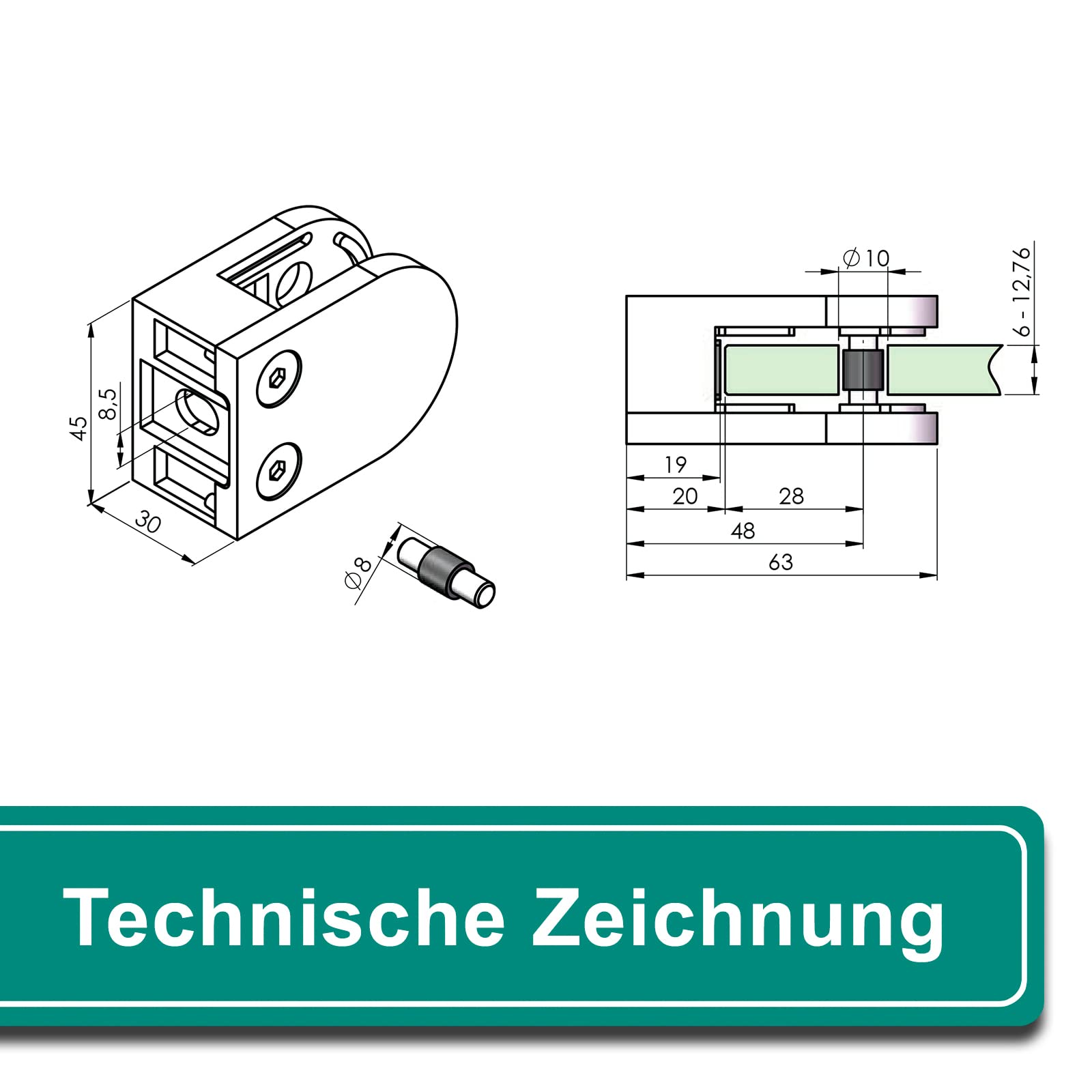 PRIOstahl Glashalter 63x45mm Flach Glas 8mm Edelstahl V2A