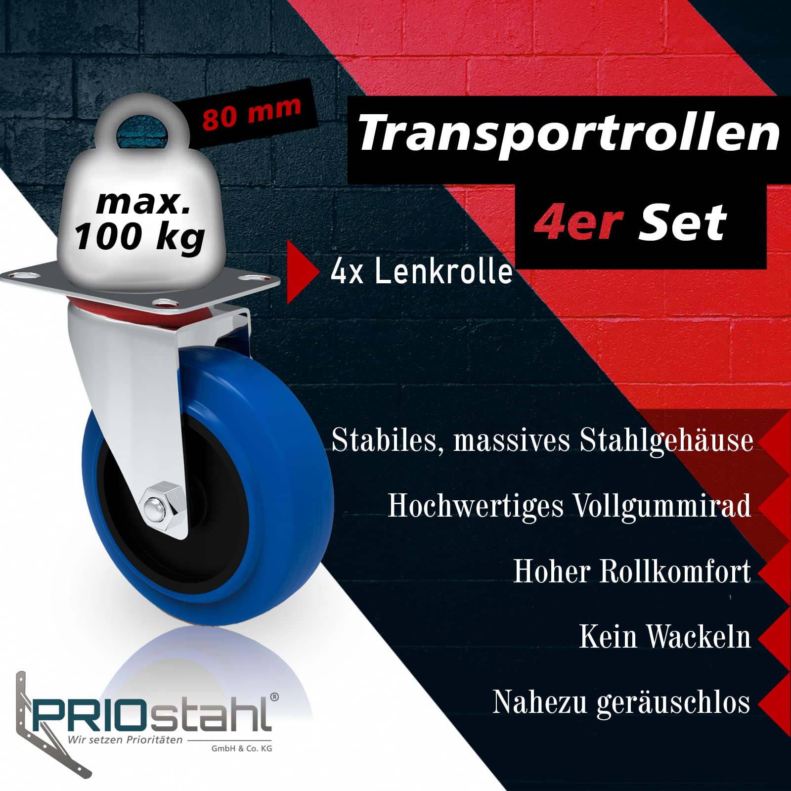 PRIOstahl Transportrollen 80 mm Blau ohne Bremse 4 Stück