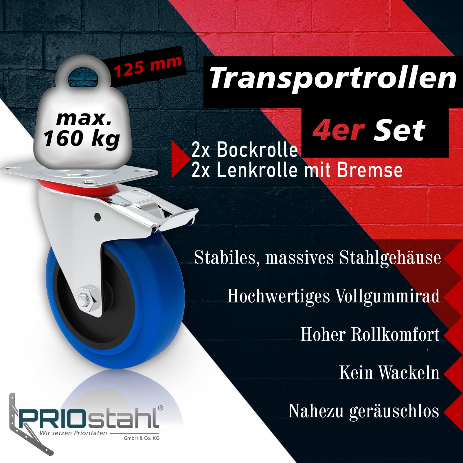 PRIOstahl Transportrollen 125mm Blue Wheels Set Bremse