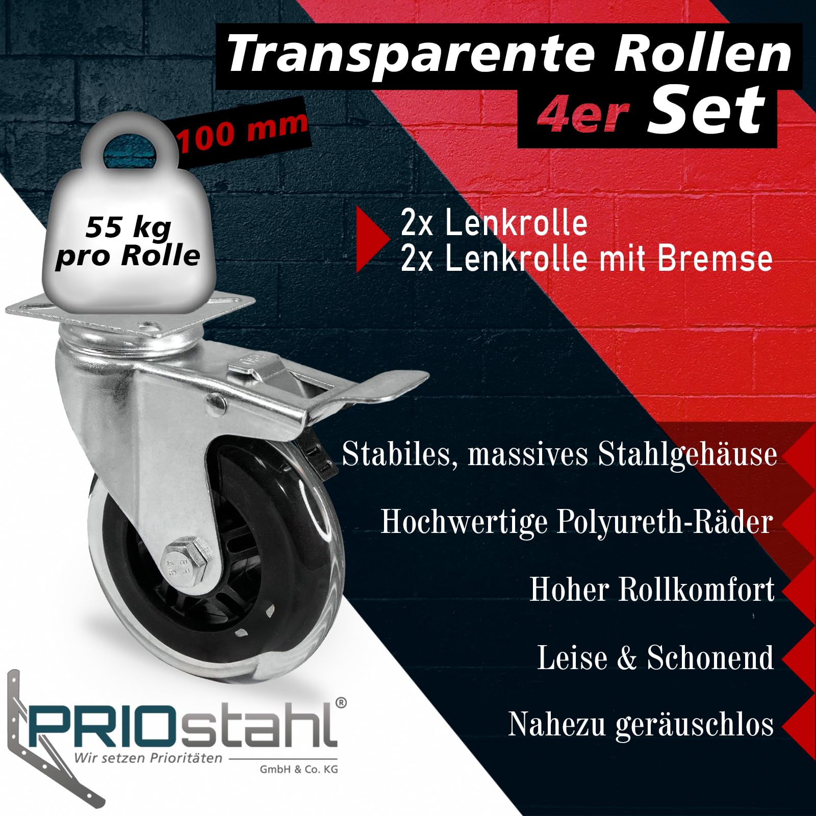 PRIOstahl Transportrollen 100mm Set 4 transparent mit Bremse