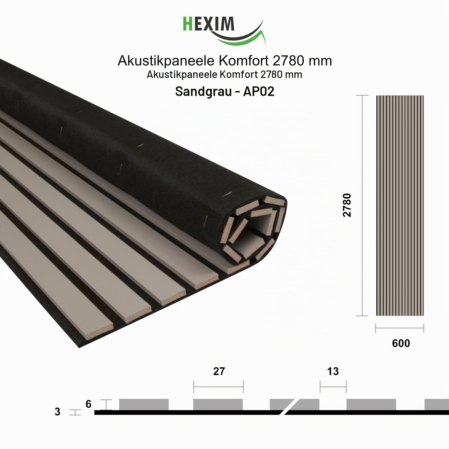 Hexim Akustikpaneele Comfort 278x60 Wandpaneele Sandgrey 2er