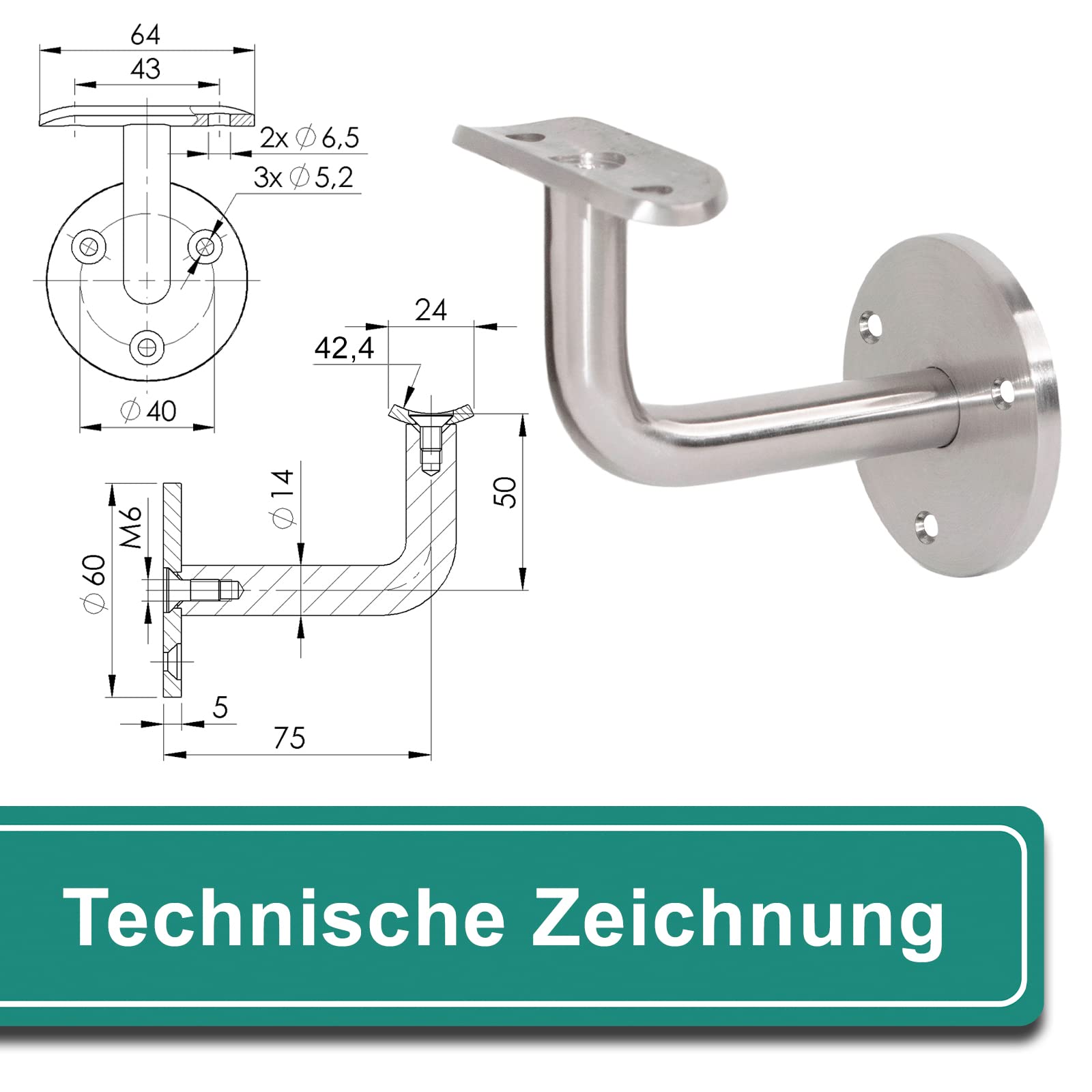 PRIOstahl Handlaufhalter 42,4mm Edelstahl V2A 1 Stück