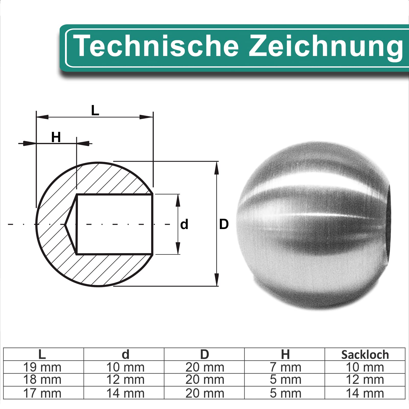 PRIOstahl Geländerbau Edelstahlkugel 20 mm Sackloch 10 mm 1 Stück