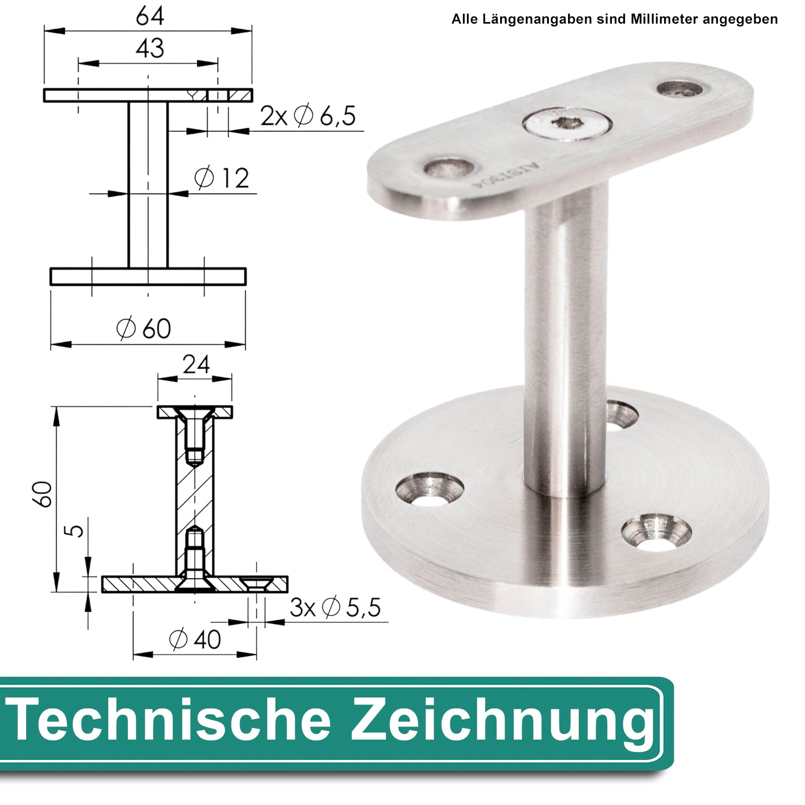 PRIOstahl Handlaufhalter flach V2A Wand 4 Stück
