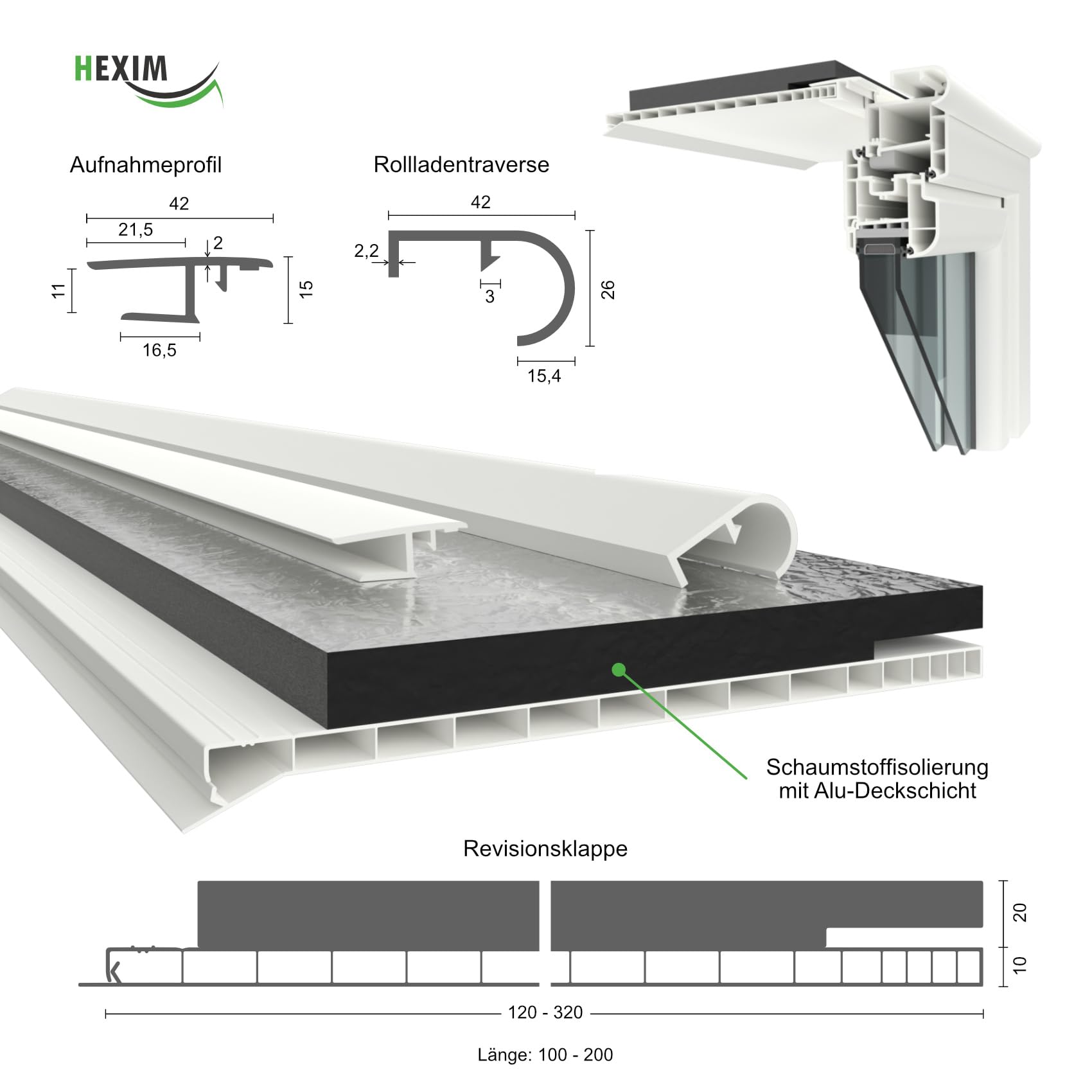 Hexim Aufnahmeprofil 42mm PVC Klemmprofil 2 Meter weiß