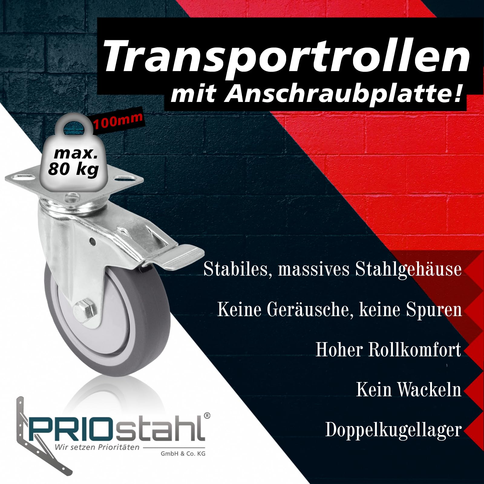 PRIOstahl Transportrollen 100mm Möbelrollen 4er Set Bremse