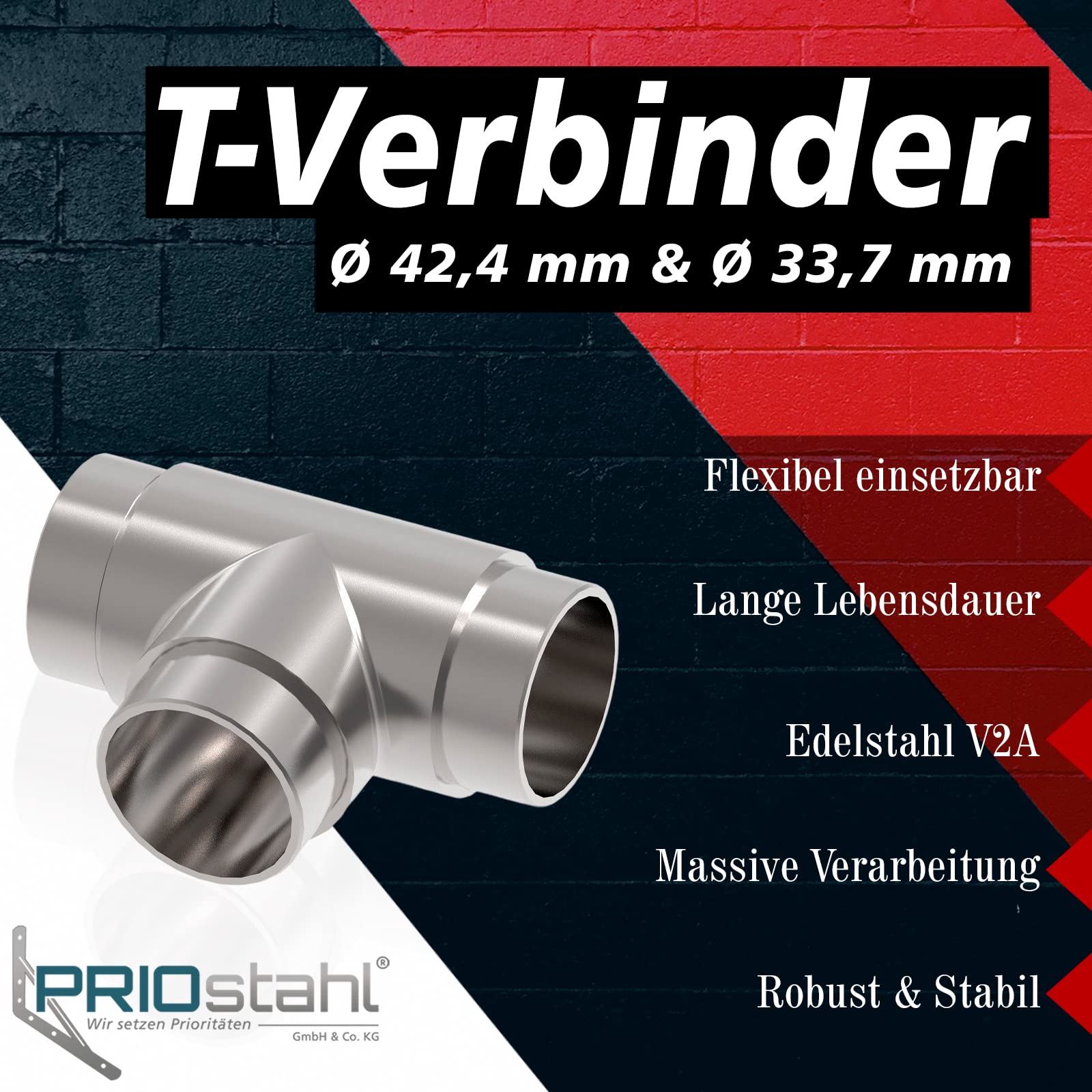 PRIOstahl T-Verbinder Ø42,4 mm Edelstahl V2A 2 Stück Handlauf
