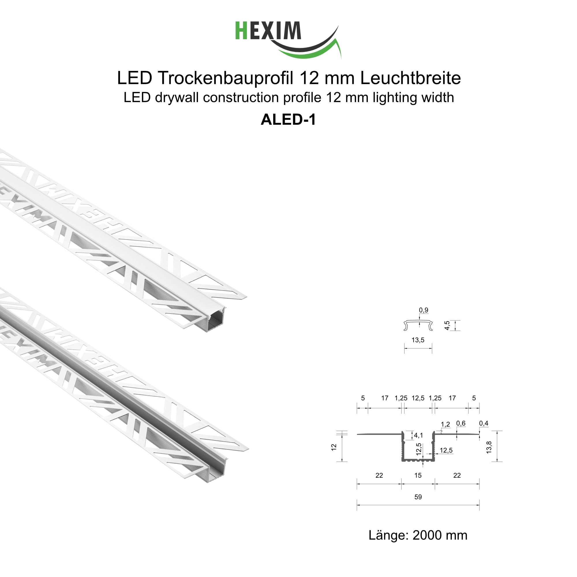 Hexim LED Trockenbauprofil ALED-1 Alu 10 m 5 Leisten