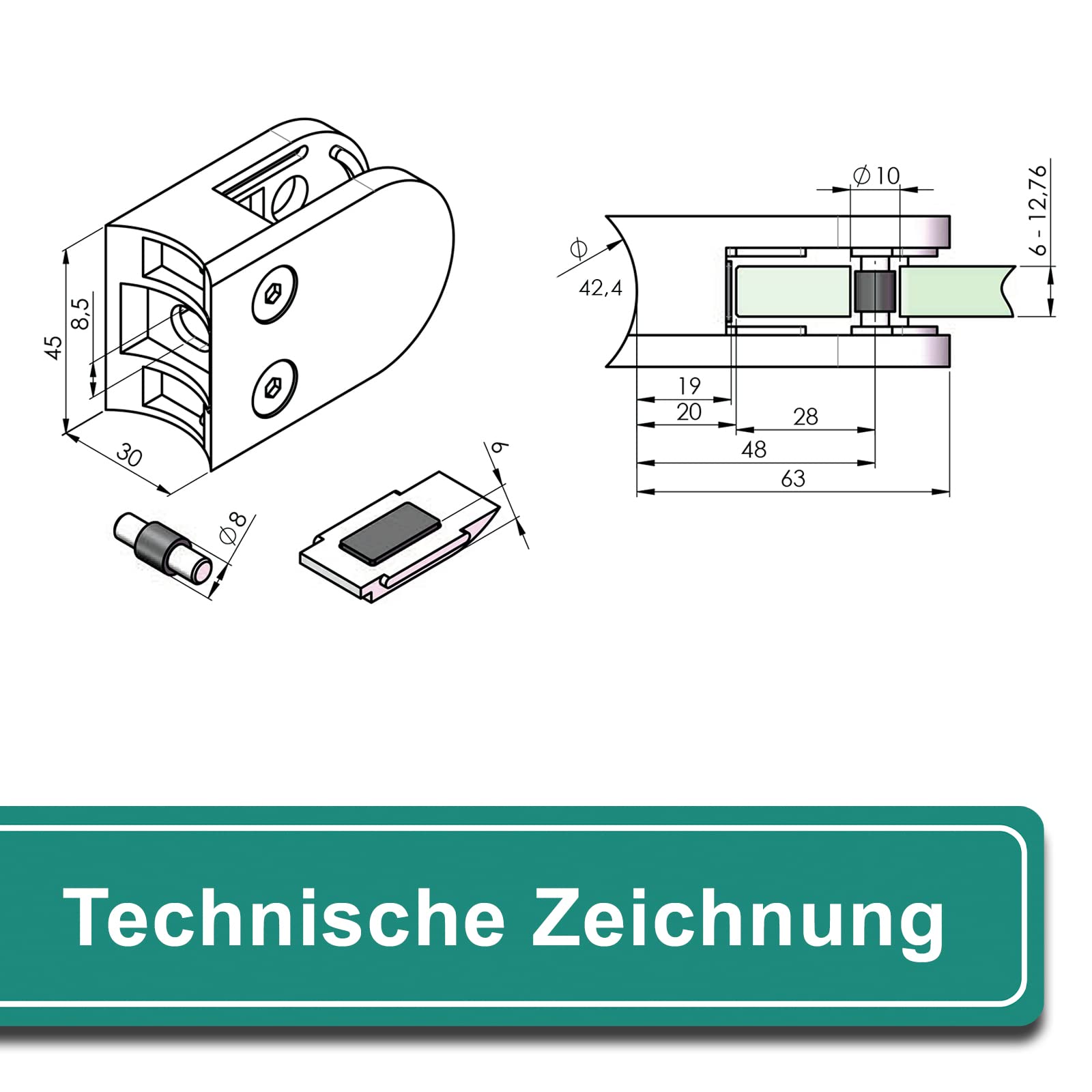 PRIOstahl Geländerbau Glashalter 42,4 mm 8,76 mm Edelstahl V2A 4 St