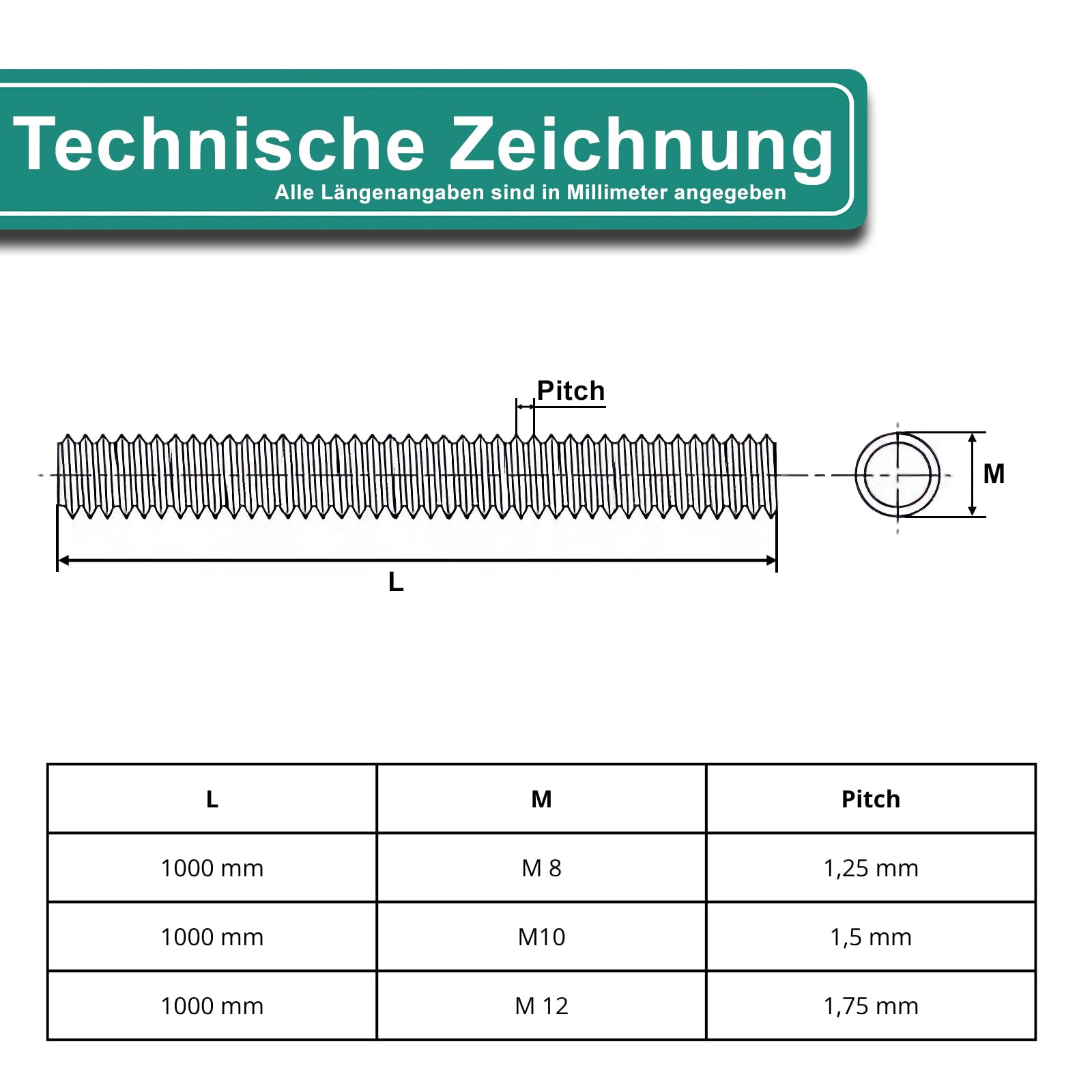 PRIOstahl Gewindestange M12x1000 mm V2A DIN 976 1 Stück