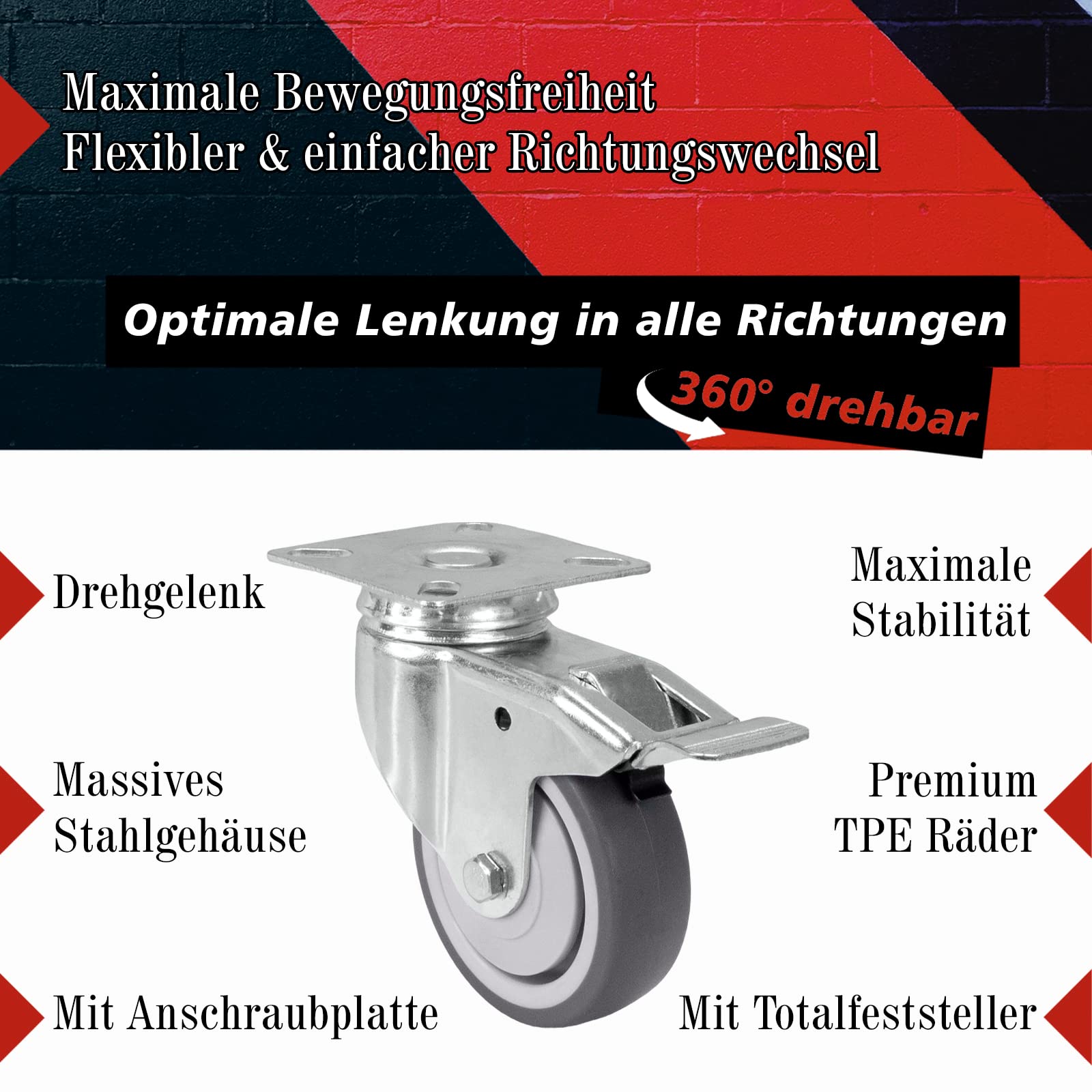 PRIOstahl Transportrollen 75mm Möbelrollen 4er mit Bremse