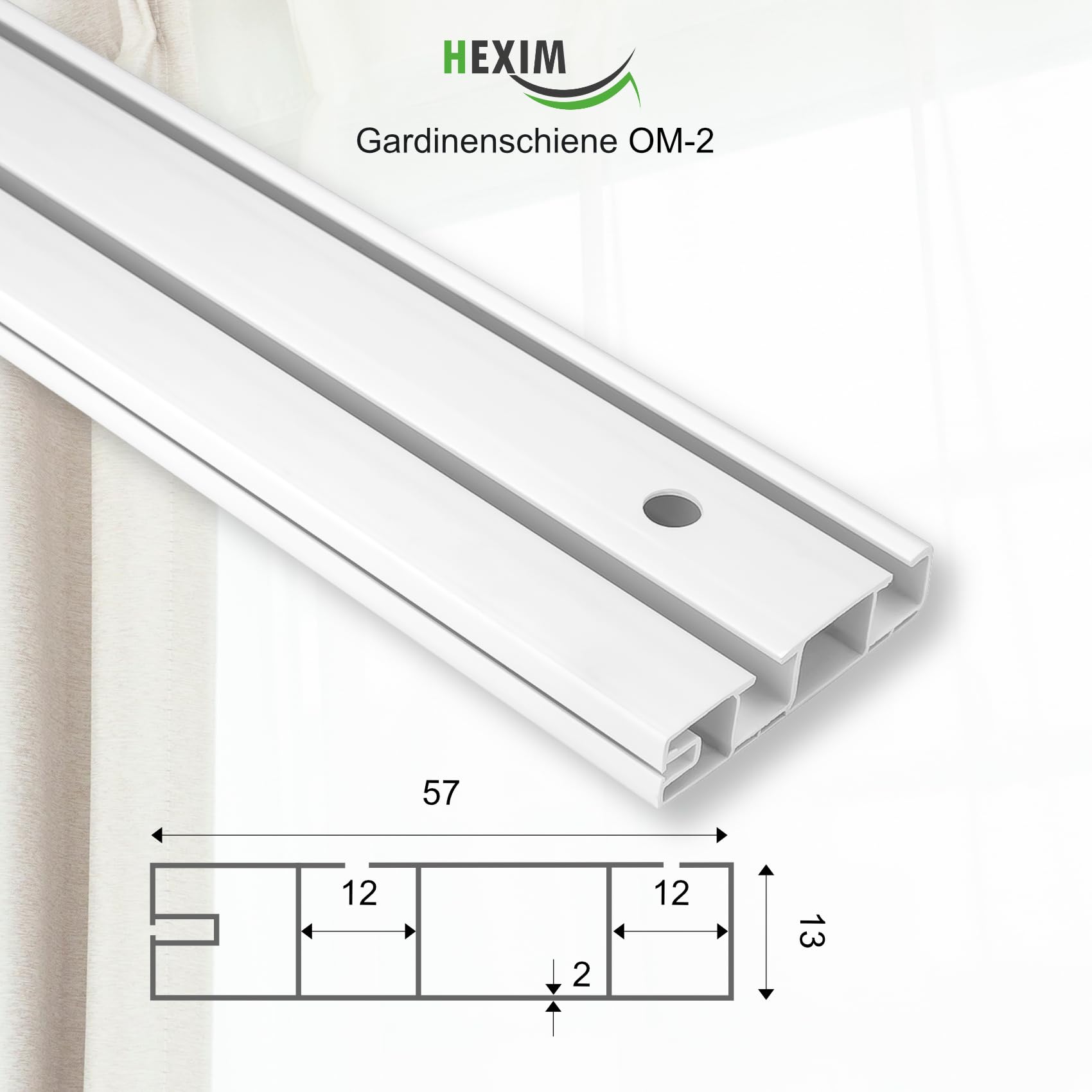 Hexim OM-2 Gardinenschiene PVC 2-läufig 2000x55 mm weiß