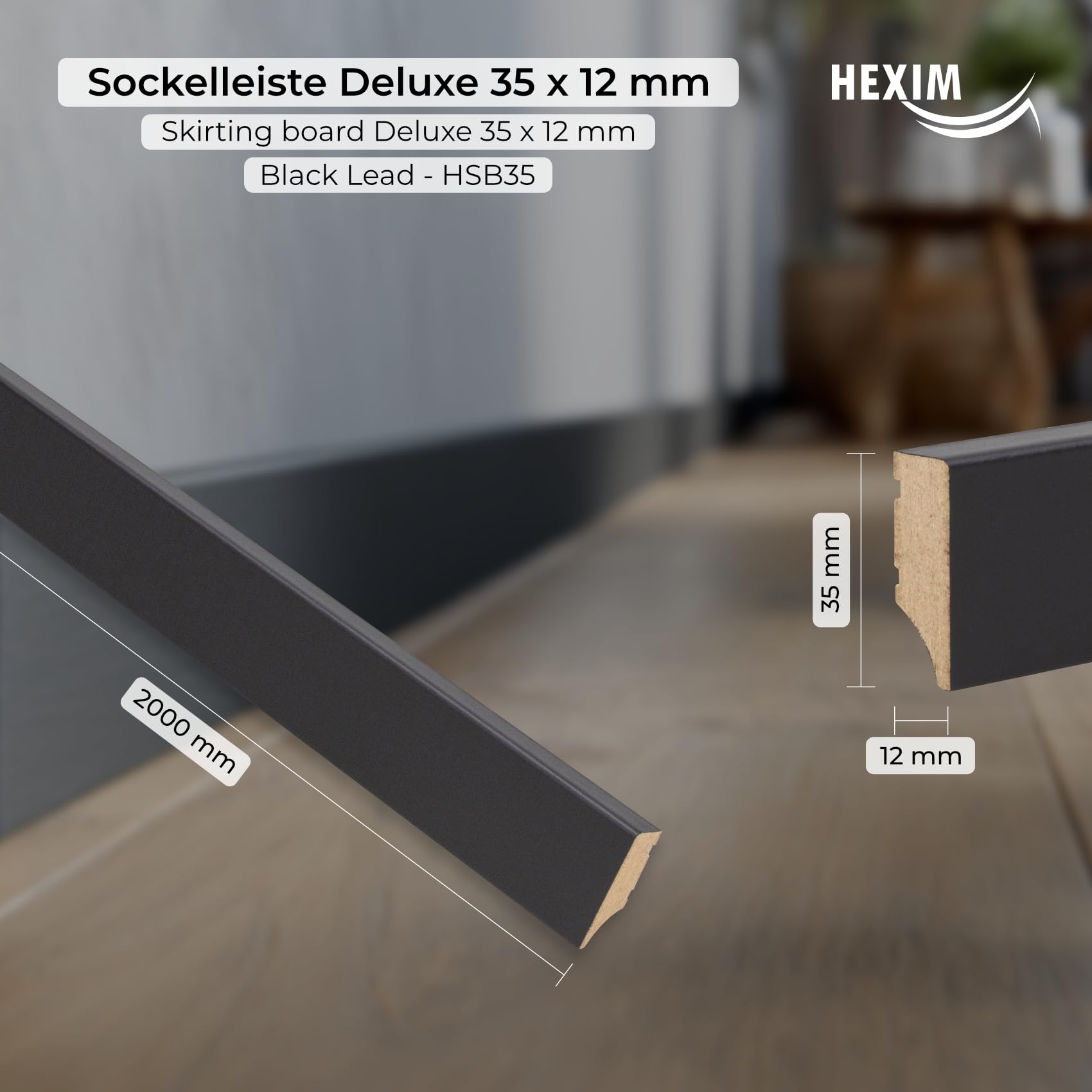 Hexim Sockelleisten schwarz 2000x35x12 5 Stück MDF