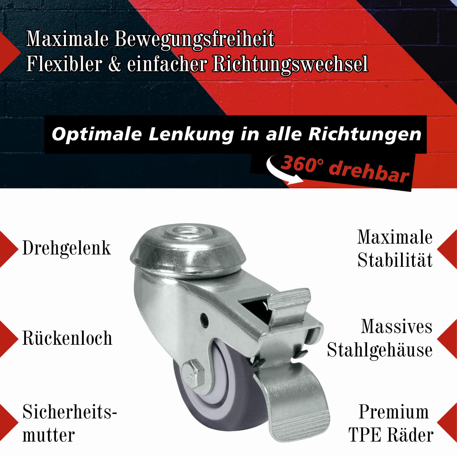 PRIOstahl Transportrollen 50mm Möbelrollen mit Bremse 4er Set