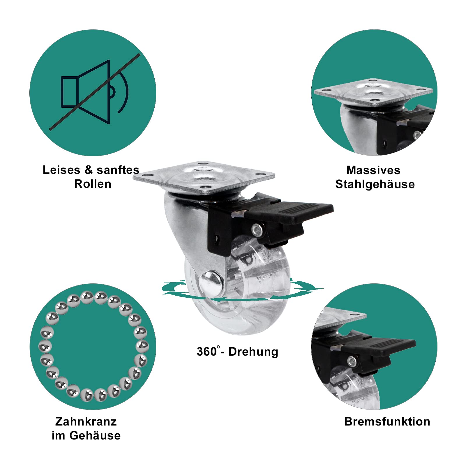 PRIOstahl Transportrollen 50mm Möbelrollen transparent 4er Set Bremse