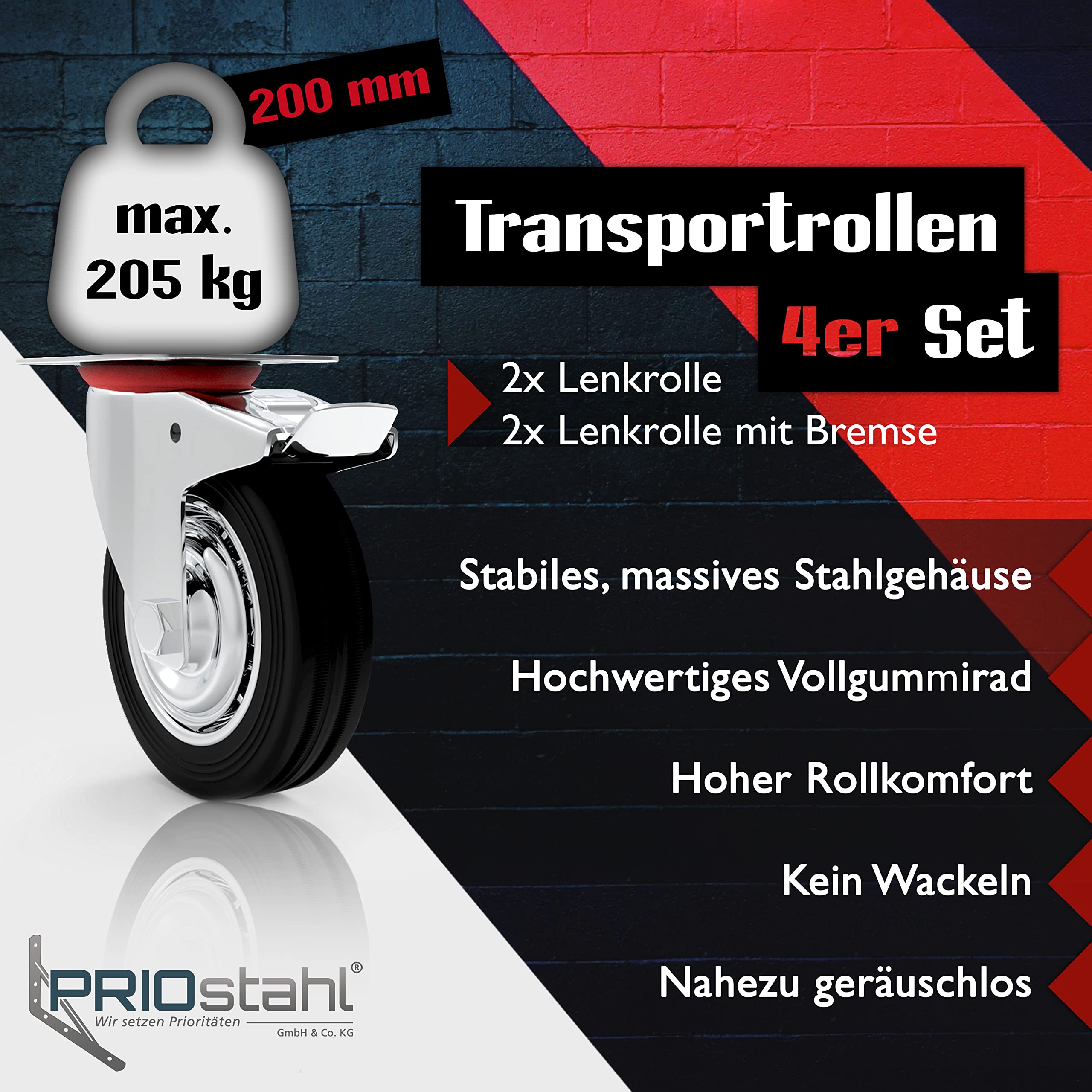 PRIOstahl Transportrollen 200mm Schwerlastrollen Set 4x mit Bremse