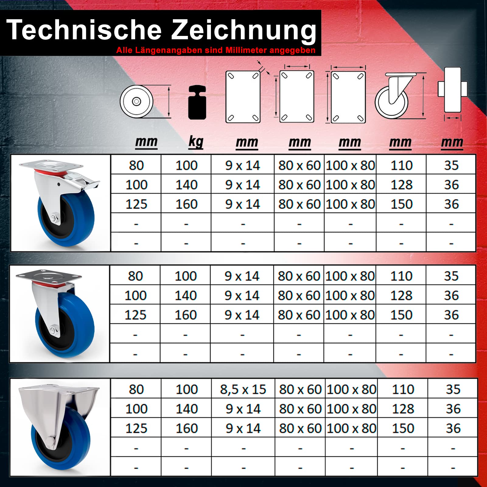 PRIOstahl Transportrollen 100mm Lenkrollen mit Bremse 4er Set Gummi