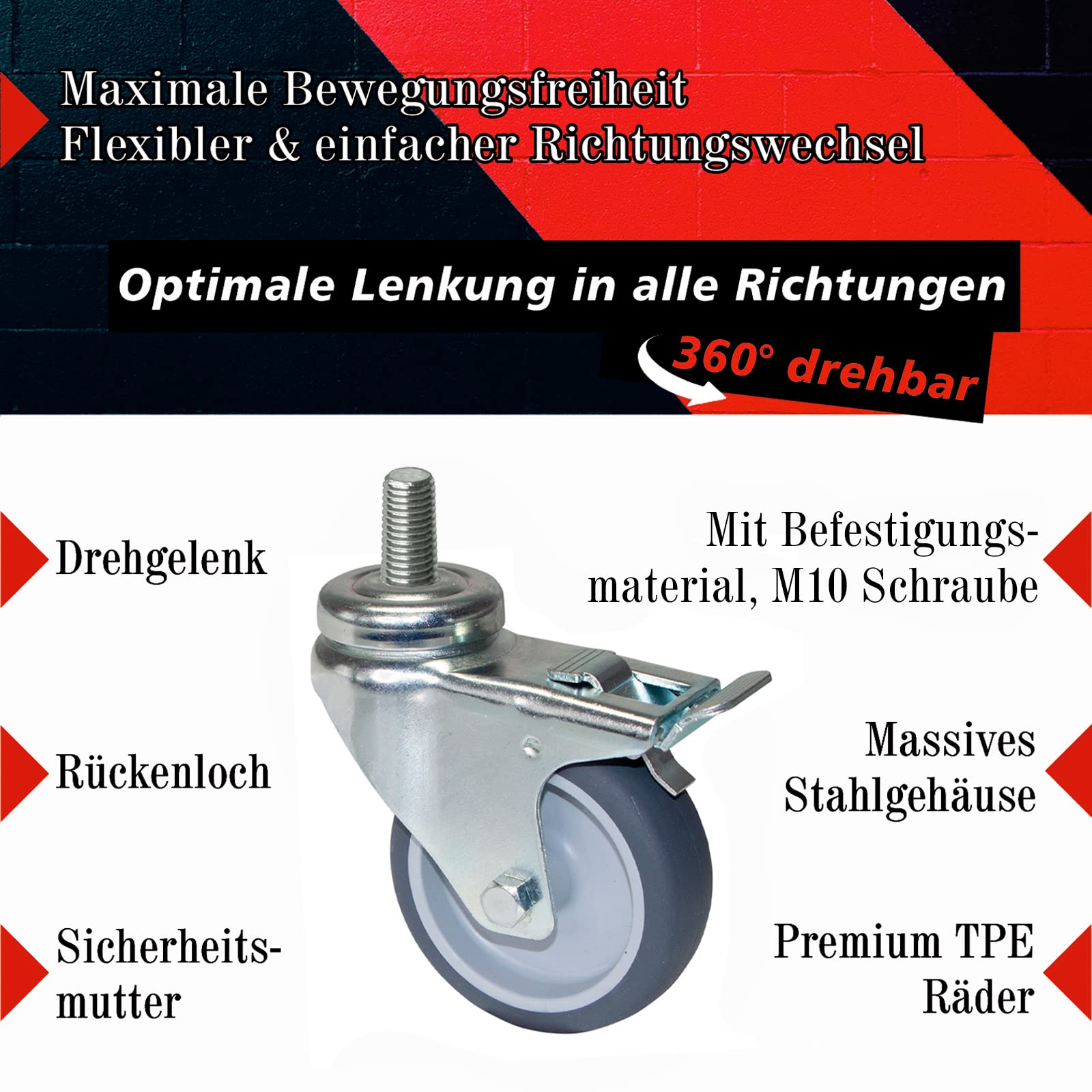 PRIOstahl Transportrollen 100mm Lenkrollen-Set 4er TPE mit Bremse