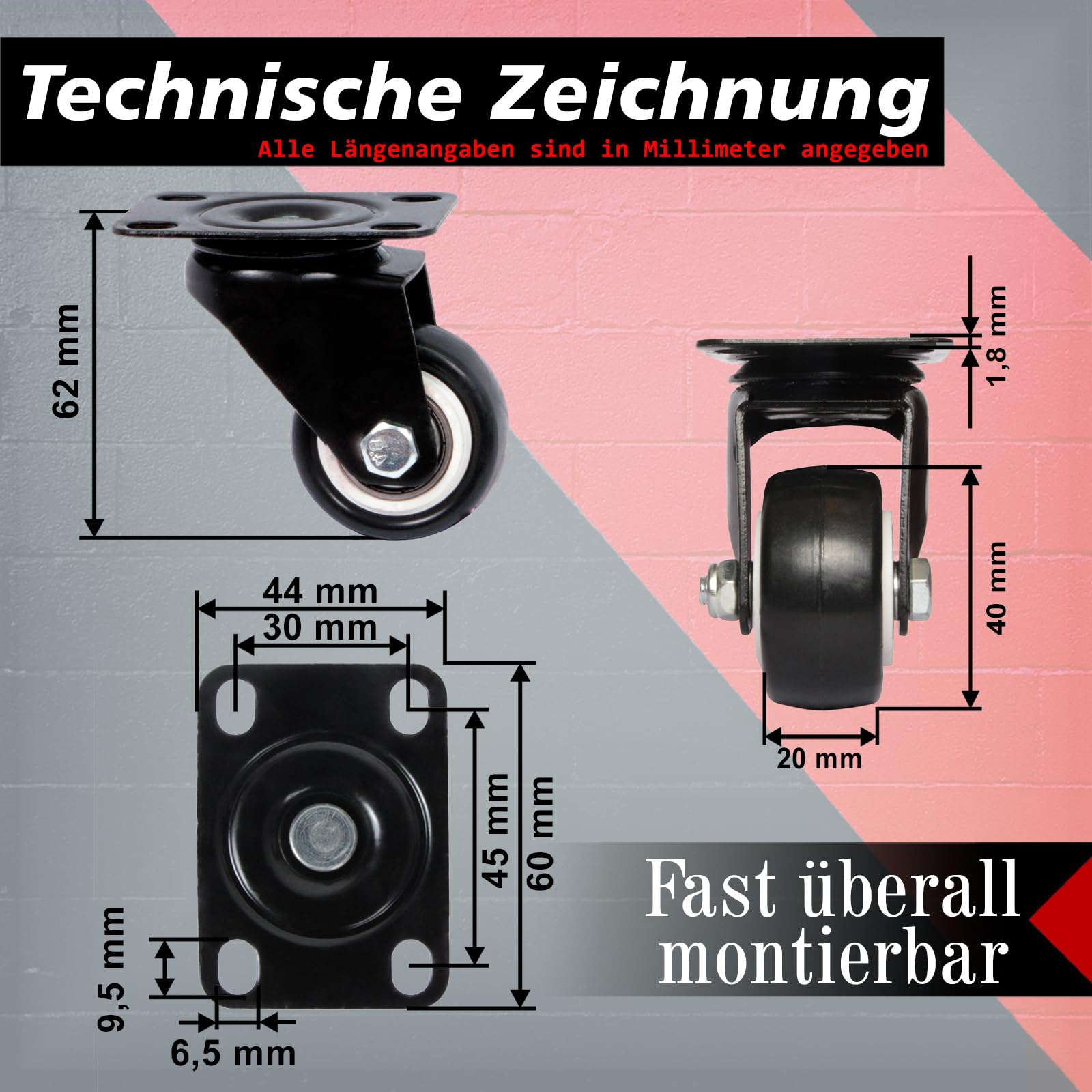 PRIOstahl Transportrollen Möbelrollen 40mm schwarz 4er Set