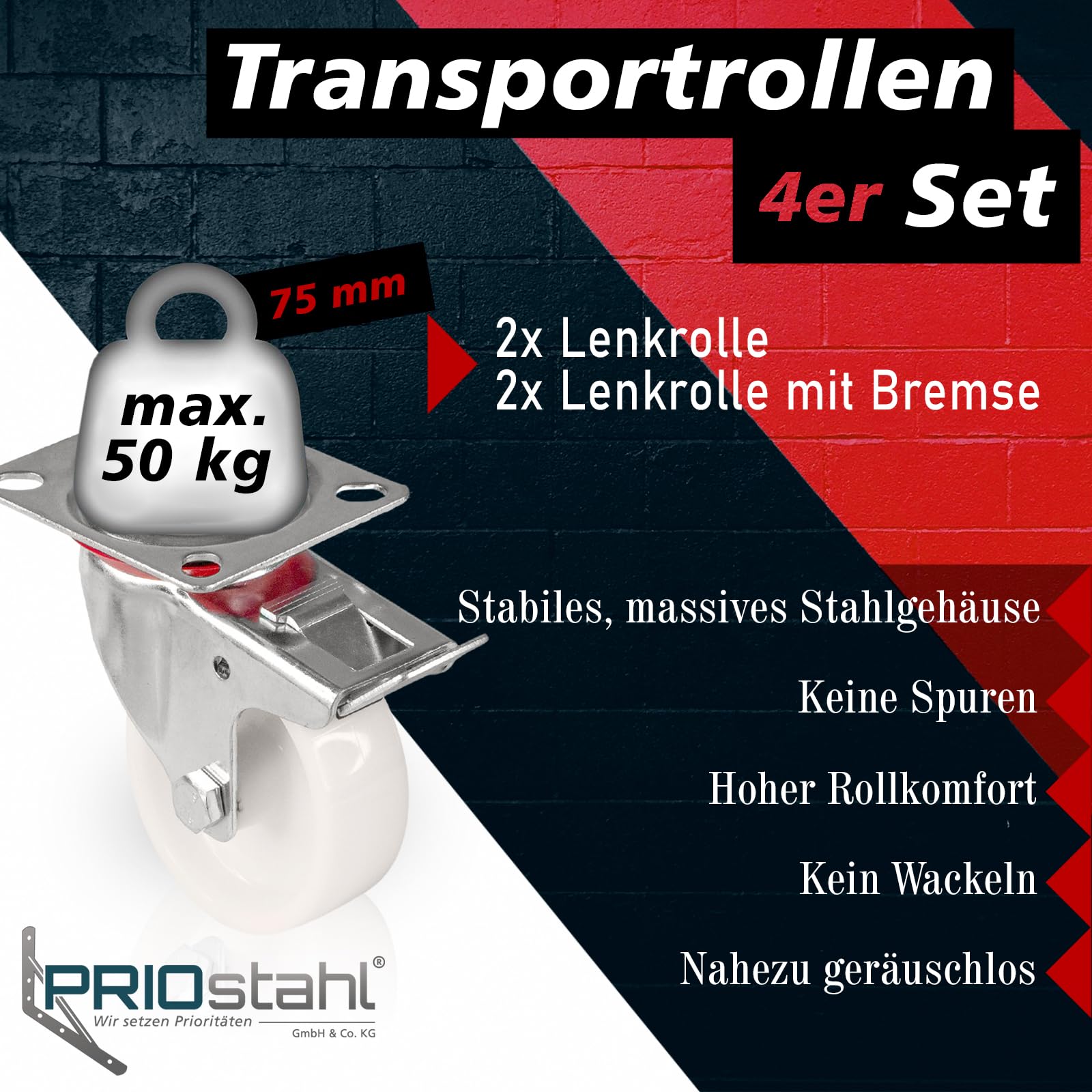 PRIOstahl Transportrollen 125mm Möbelrollen weiß 4er Set Bremse