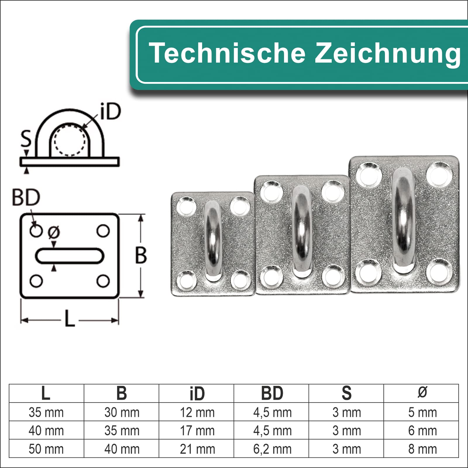 PRIOstahl Befestigungsmaterial Augplatte 40x50mm 4 Stück V2A