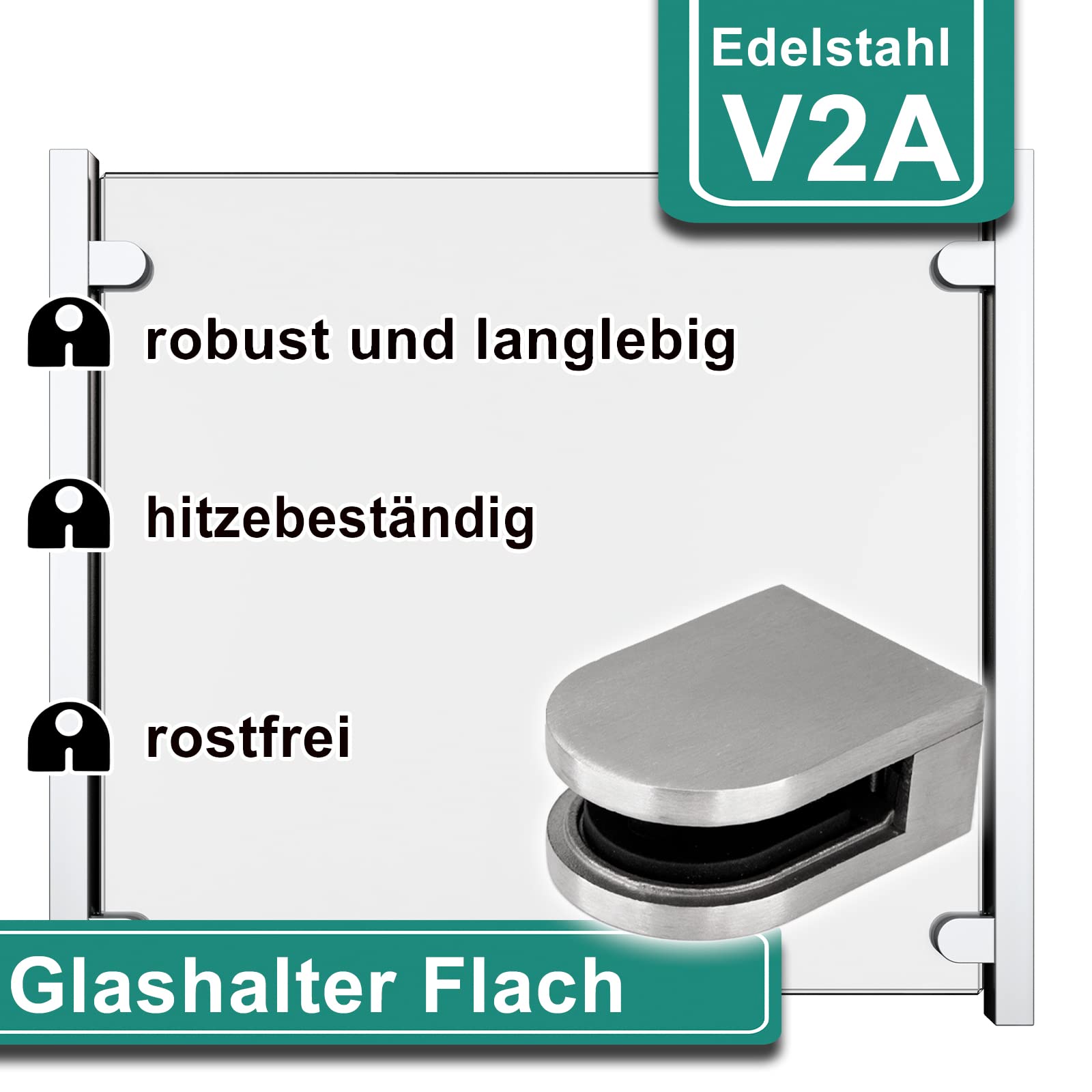 PRIOstahl Glashalter 63x45mm Flach Glas 8mm Edelstahl V2A