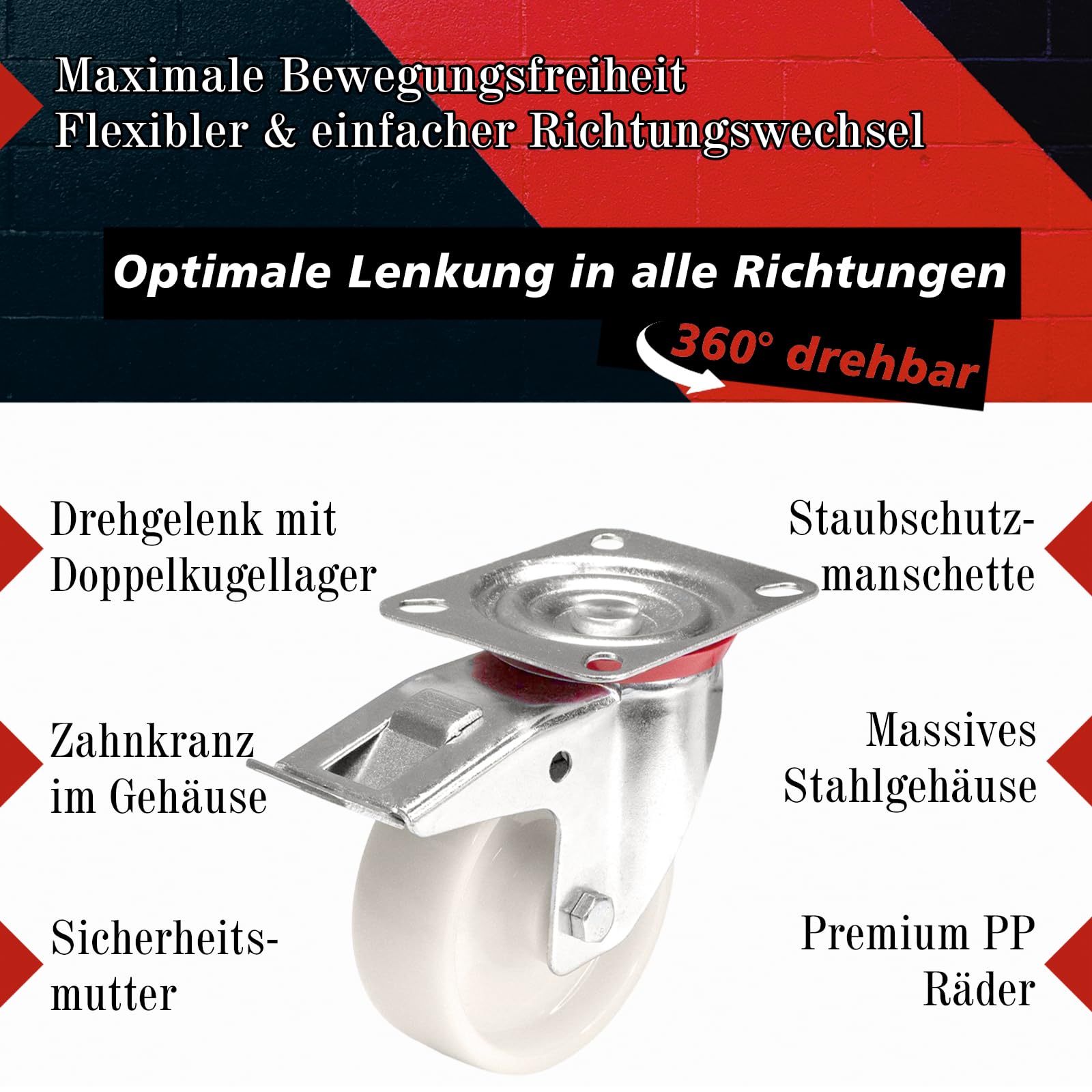 PRIOstahl Transportrollen 125mm Möbelrollen weiß 4er Set Bremse