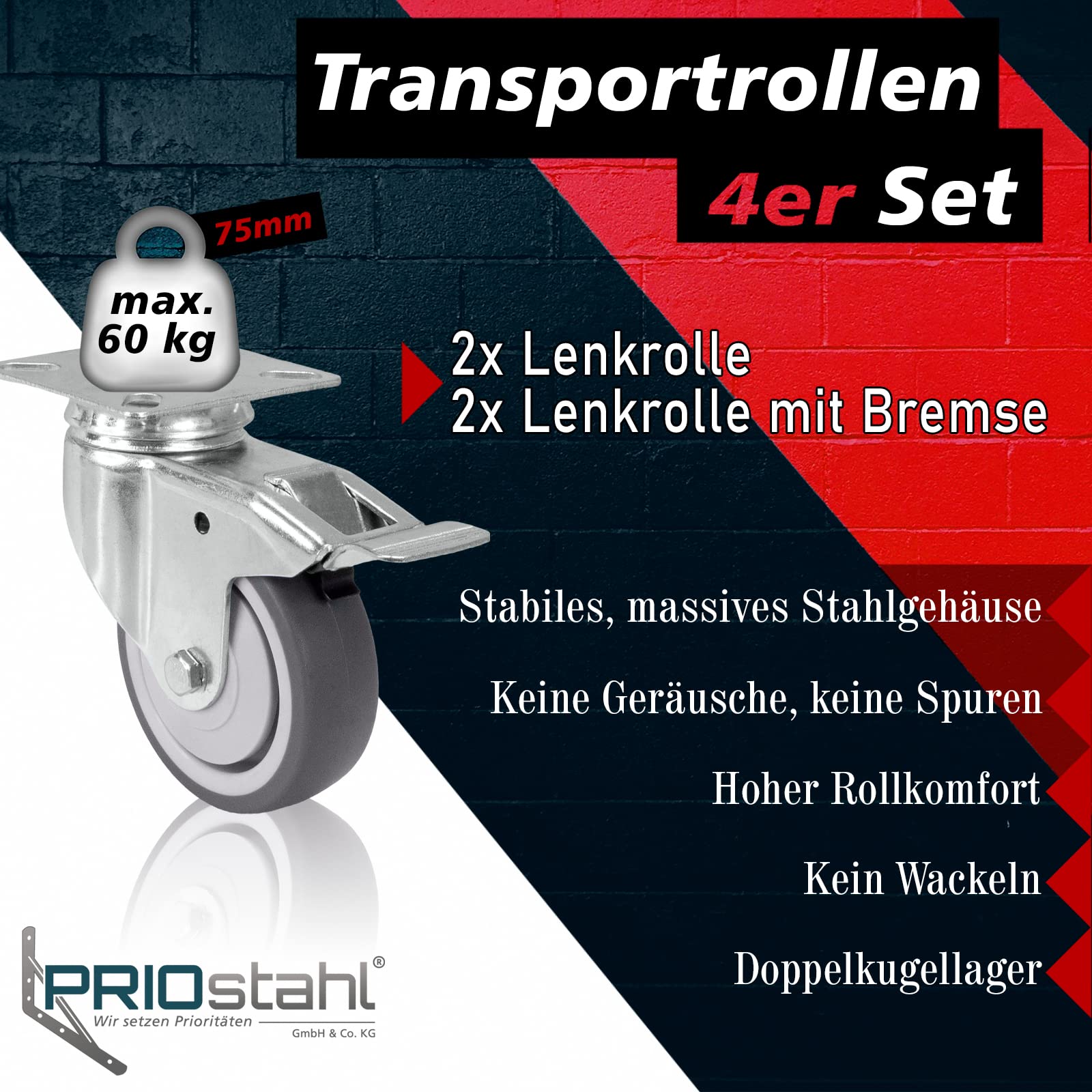 PRIOstahl Transportrollen 75mm Möbelrollen 4er mit Bremse