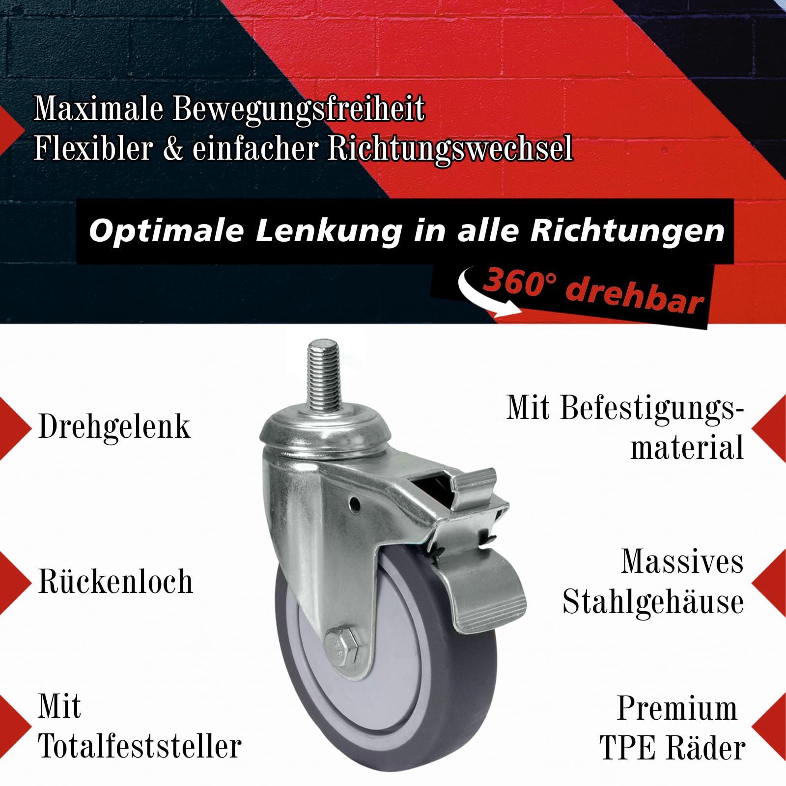 PRIOstahl Transportrollen 100mm Lenkrollen mit Bremse 4er Set