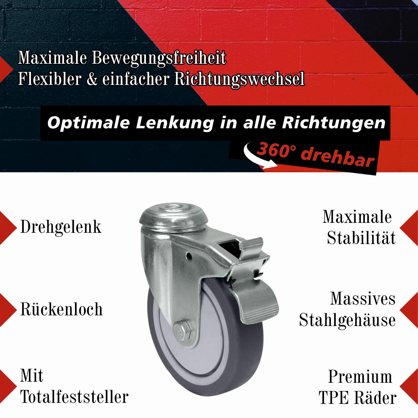 PRIOstahl Transportrollen 100mm Schwerlastrollen Rückenloch Bremse