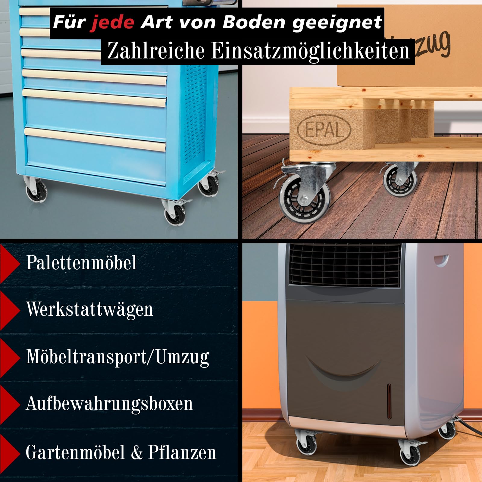 PRIOstahl Transportrollen 100mm Set 4 transparent mit Bremse