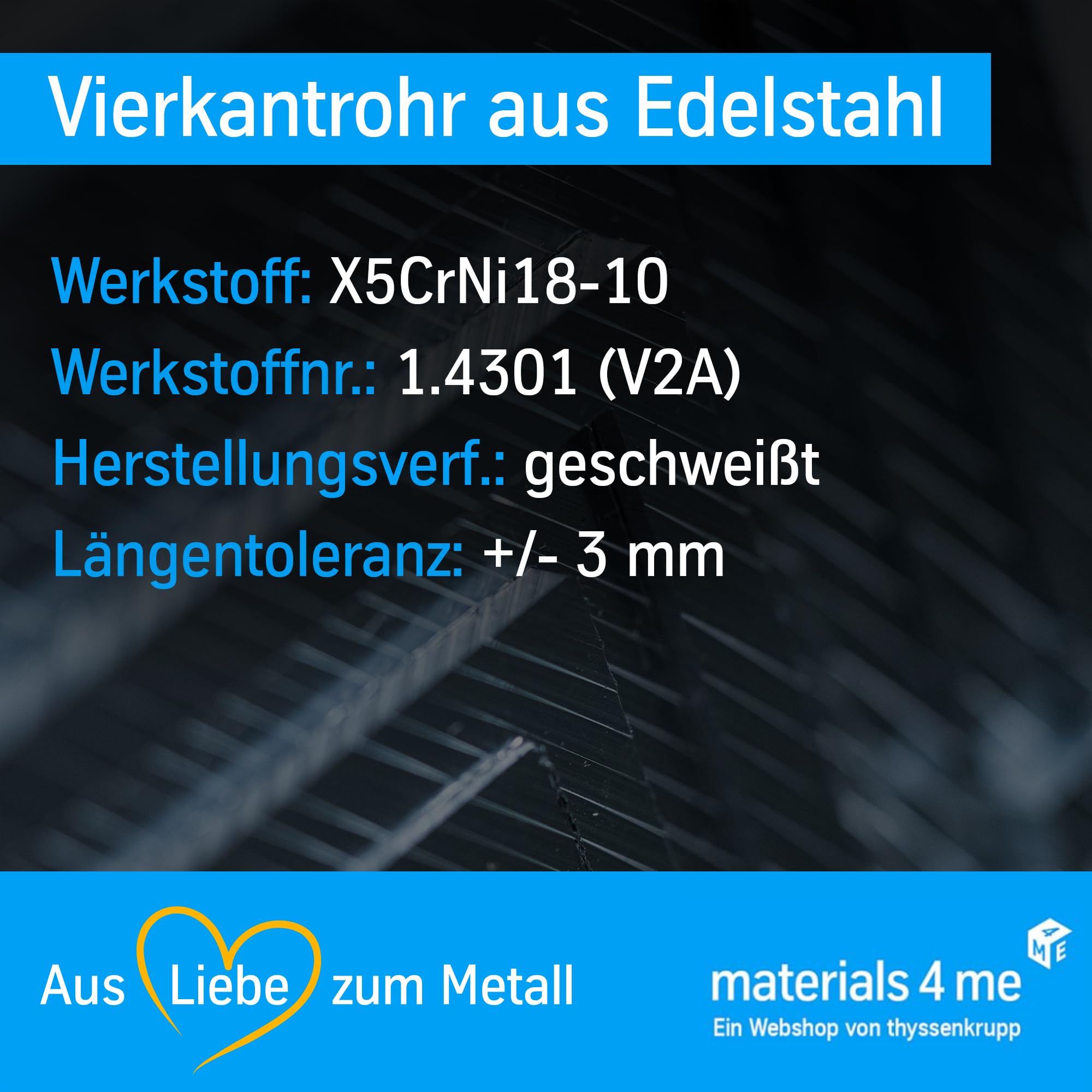 thyssenkrupp Vierkantrohr Edelstahl 25x25x2 mm 2450 mm V2A