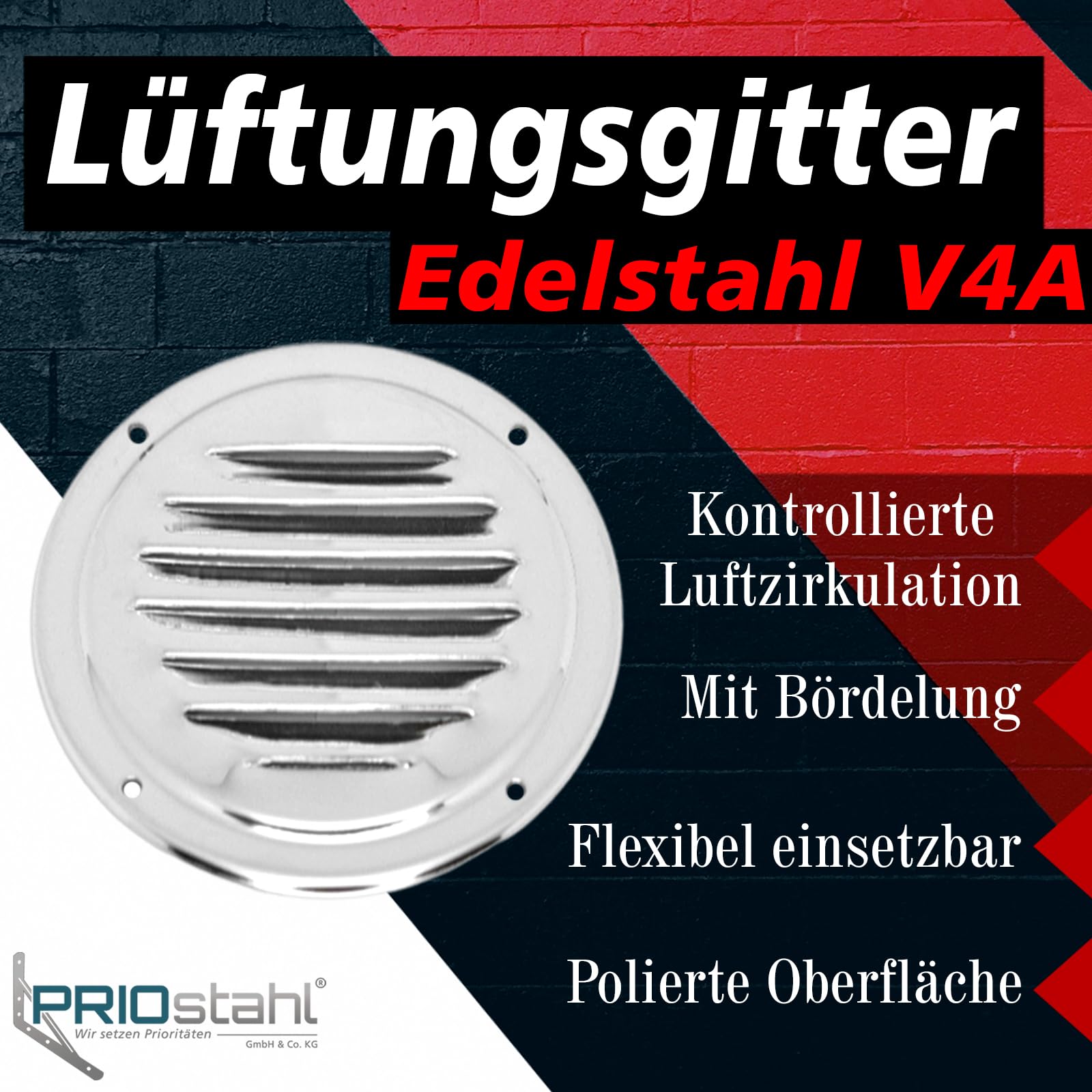 PRIOstahl Lüftungsgitter Ø 100 mm Rund Edelstahl V4A Kiemenblech 1 St