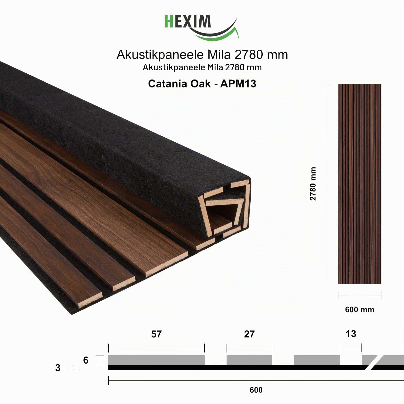 Hexim Mila Akustikpaneele Holz Catania Oak 278x60 cm 3,34 m² 2 Stück