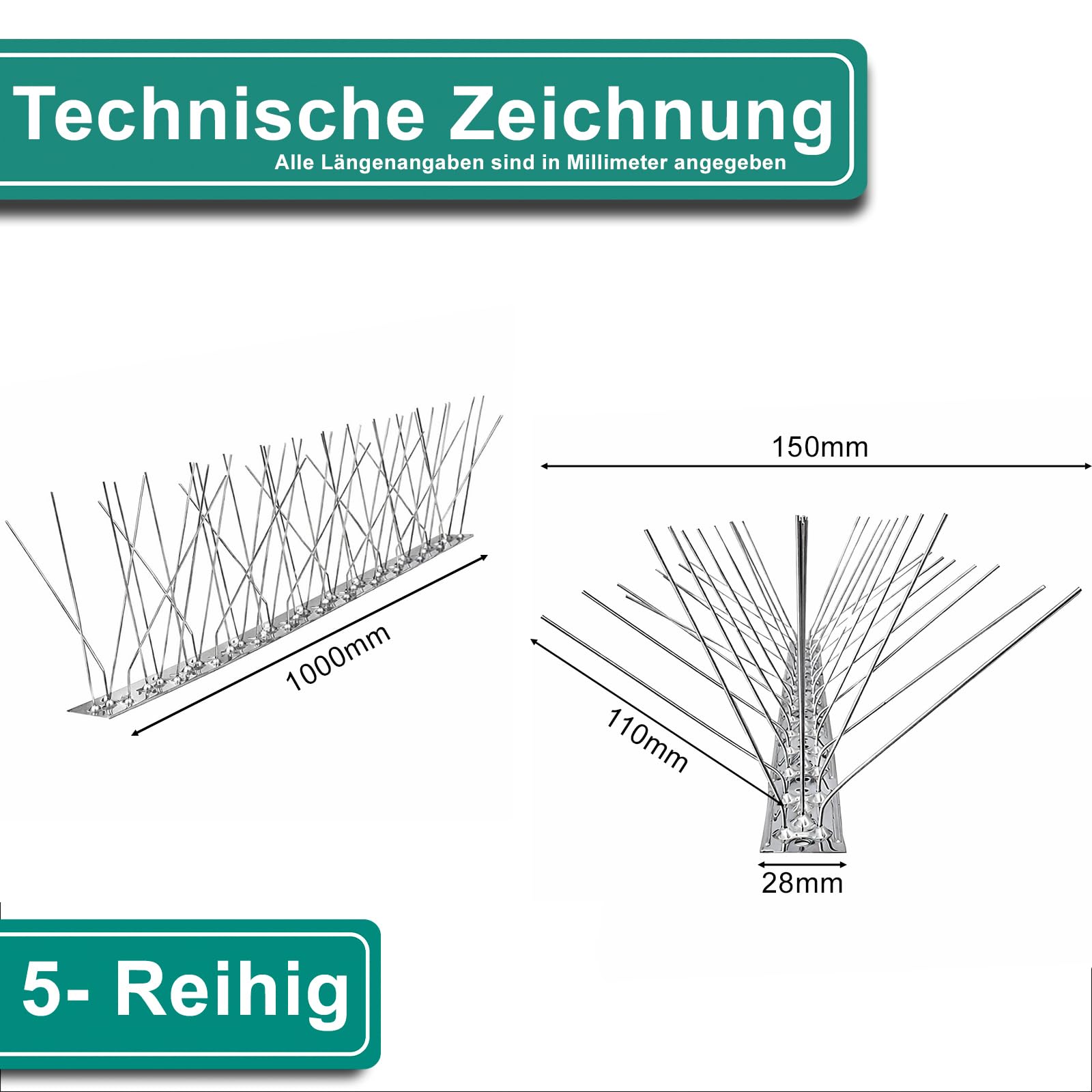 PRIOstahl Taubenabwehr 5-reihig 1m Edelstahl V2A Spikes