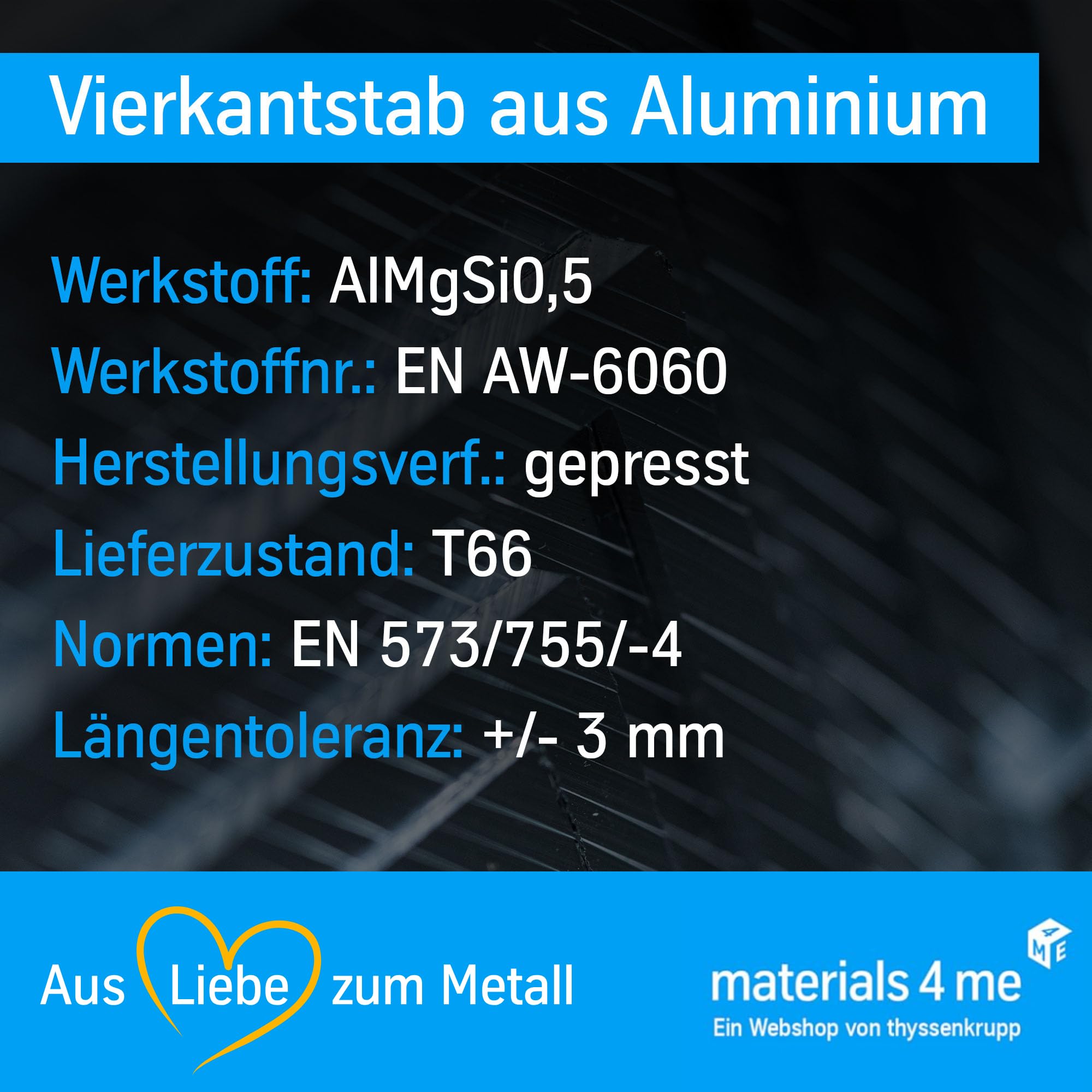 ThyssenKrupp Aluminum Vierkantprofil 8x8mm 1000mm Alu