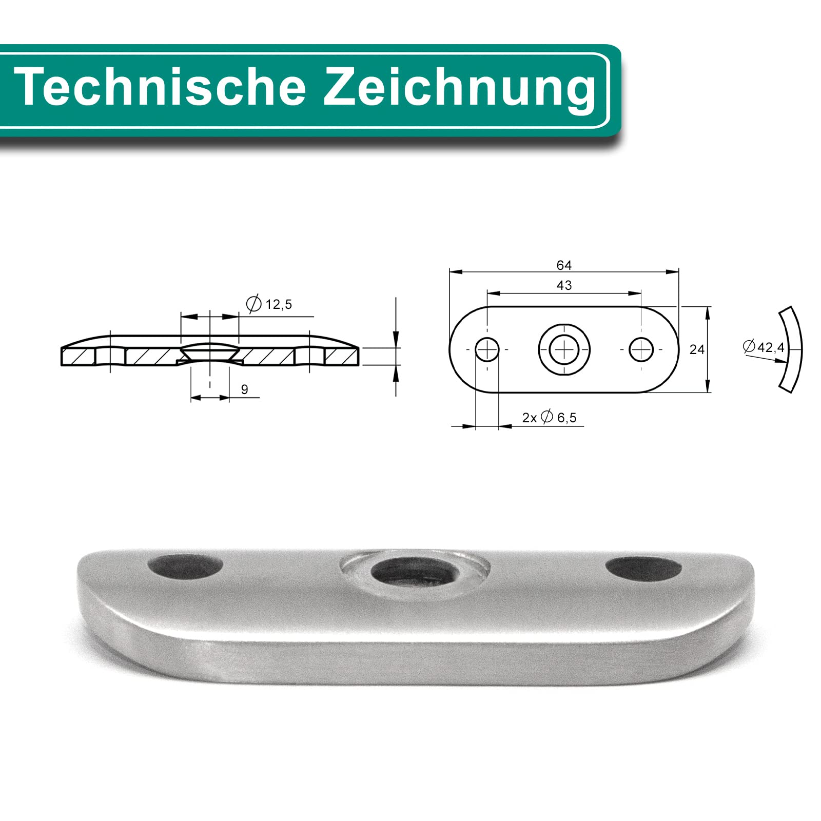 PRIOstahl Geländerbau Anschraubplatte 42,4 mm Edelstahl V2A 64x24 mm