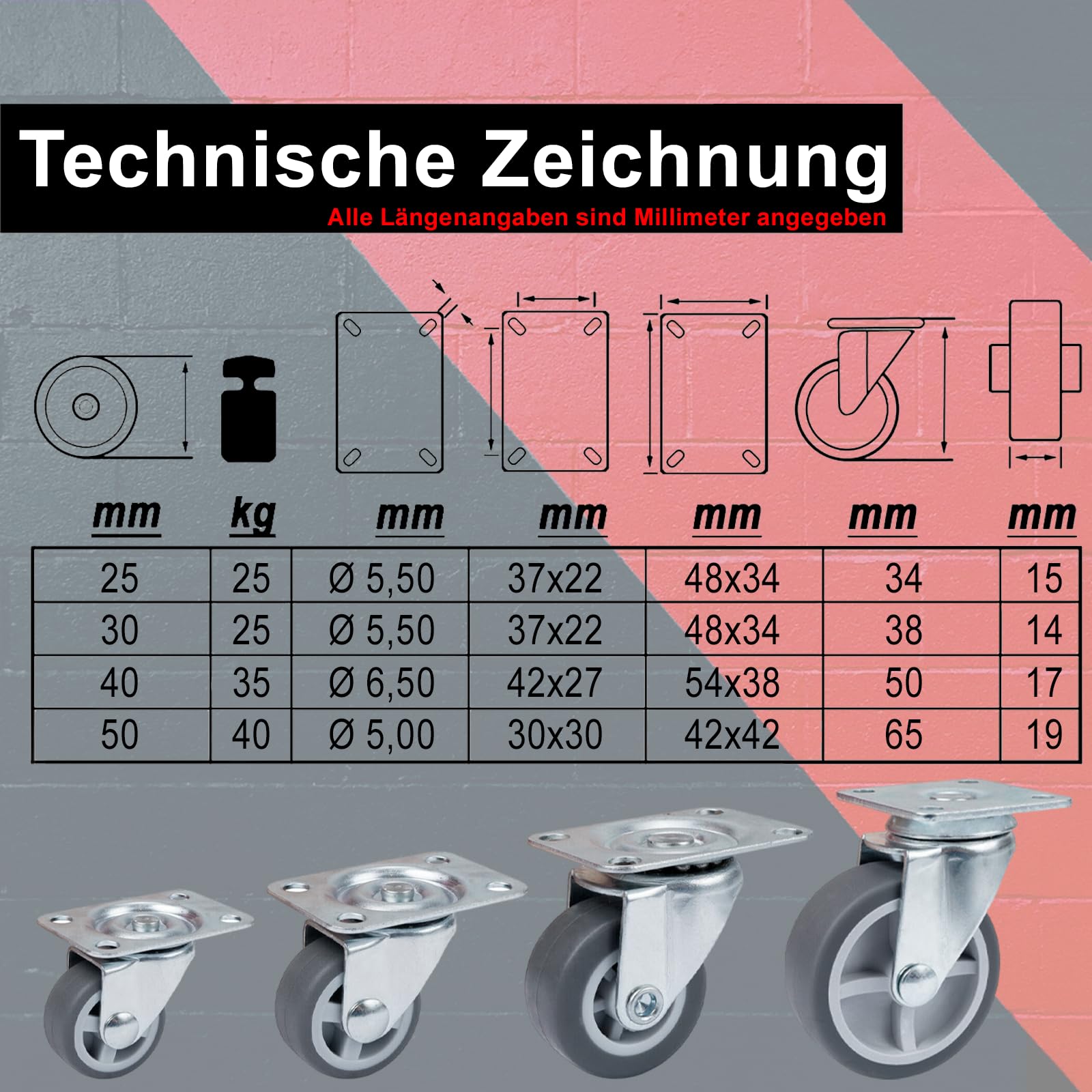 PRIOstahl Möbelrollen TPE 40 mm grau 4 Stück