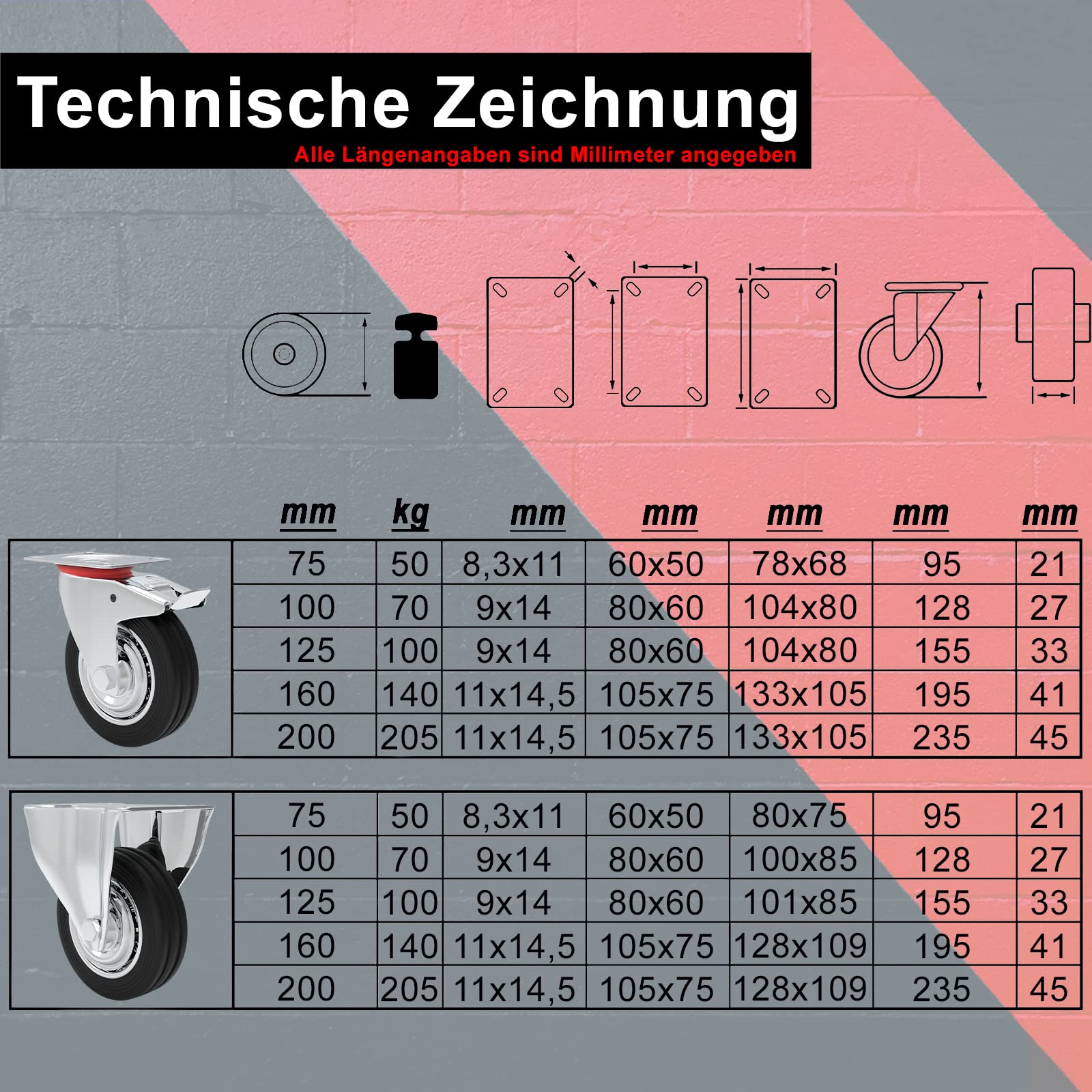 PRIOstahl Transportrollen 200mm Gummi Schwarz 4 Stück Bremse