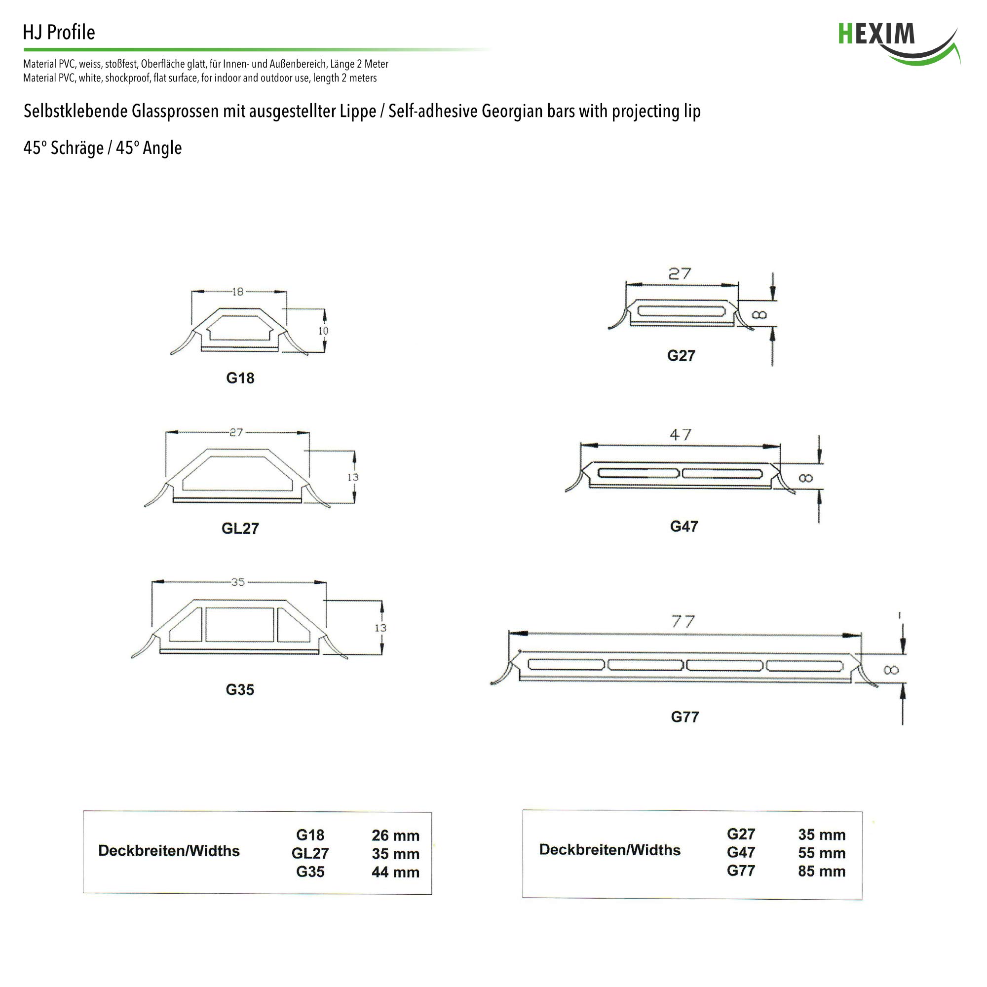 Hexim GL2313 Fenstersprosse Weiß 1 m graue Lippe