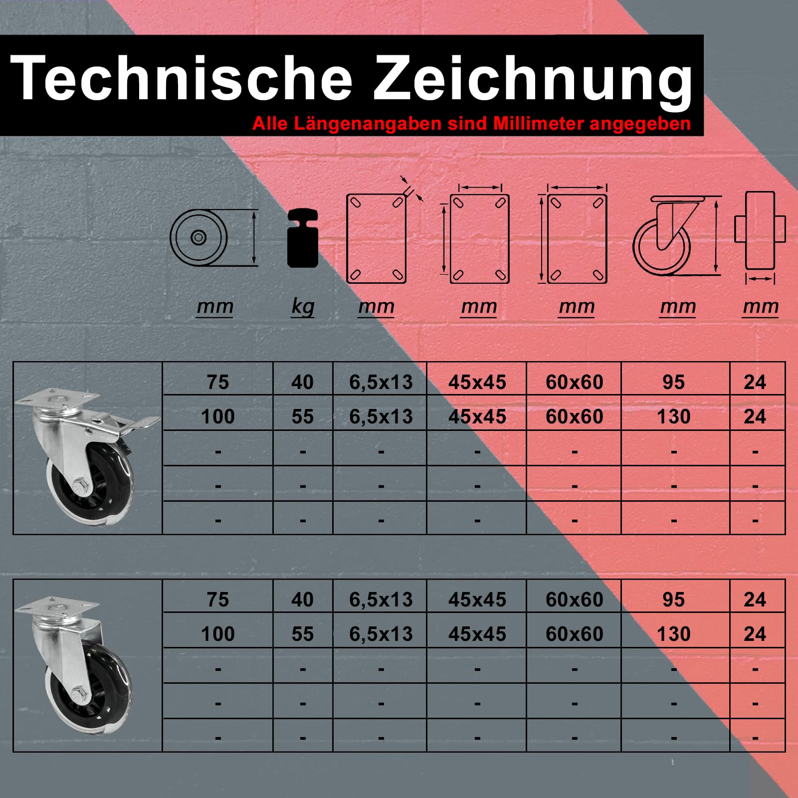 PRIOstahl Transportrollen 100mm Set 4 transparent mit Bremse